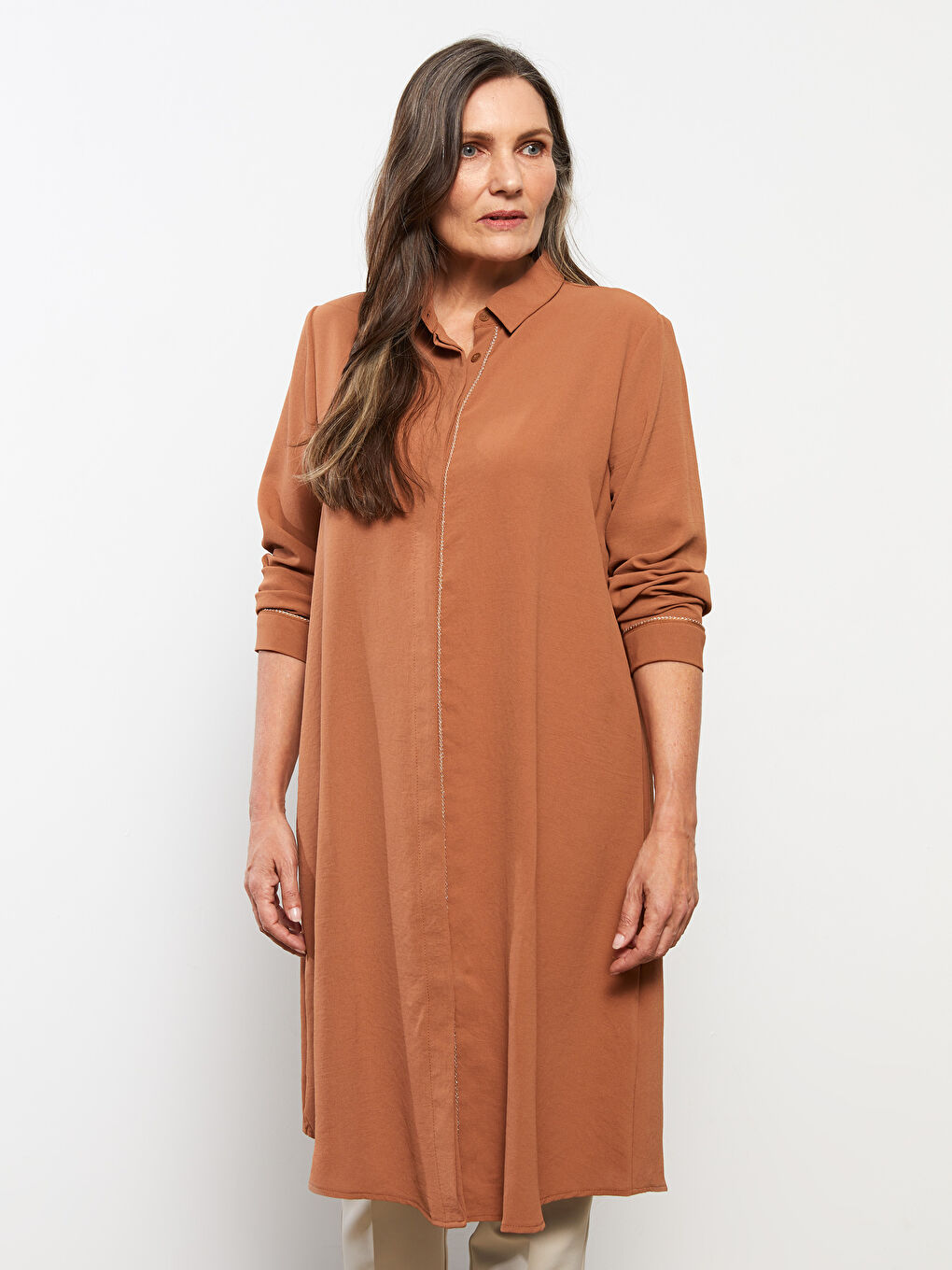 قميص تونيك للسيدات كم طويل سادة-1