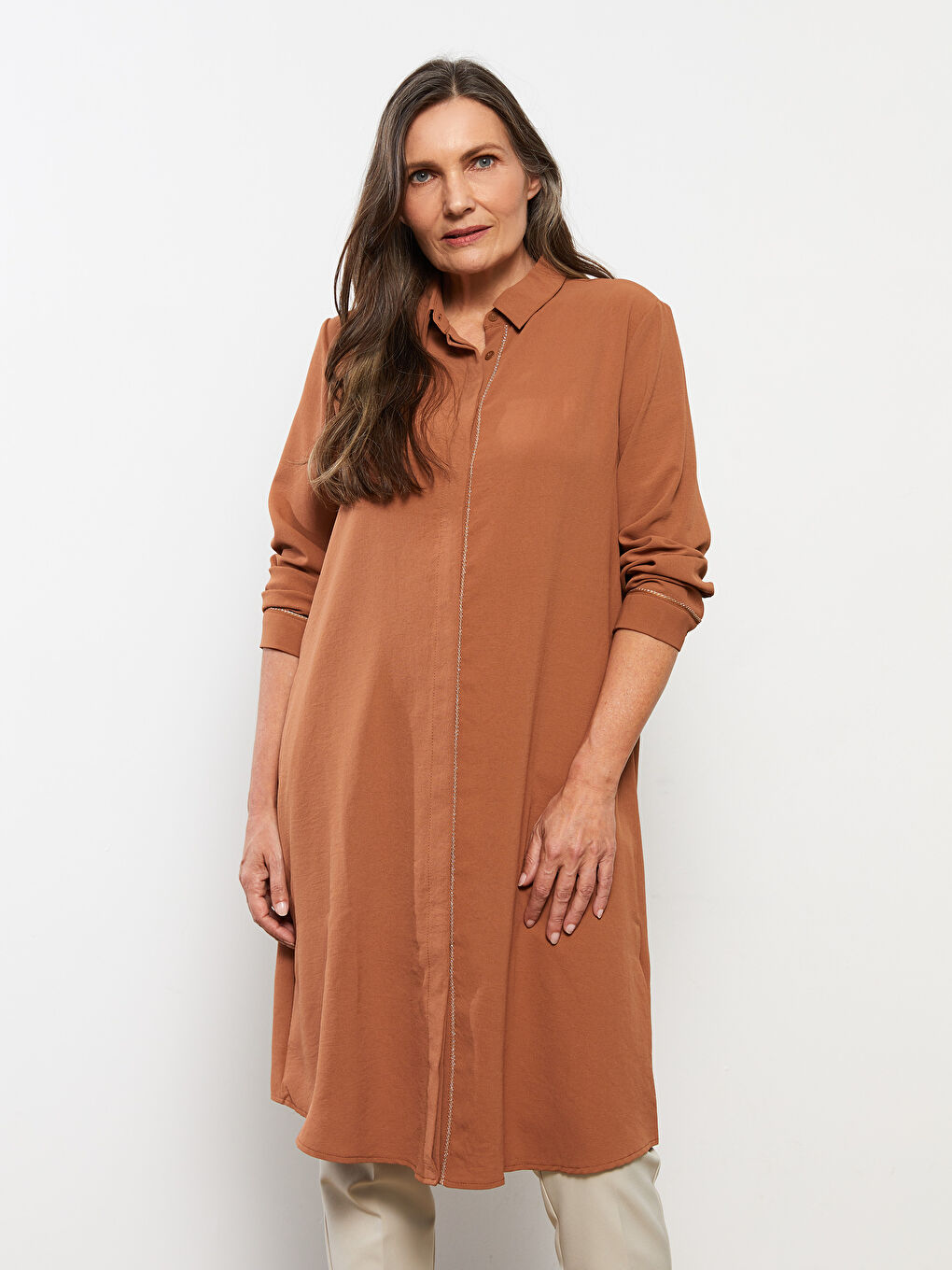 قميص تونيك للسيدات كم طويل سادة-2