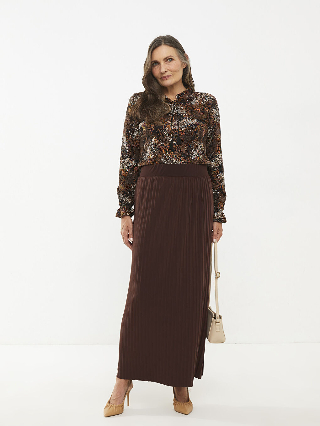 Kahverengi Kadın Beli Lastikli Düz Kloş Etek-1