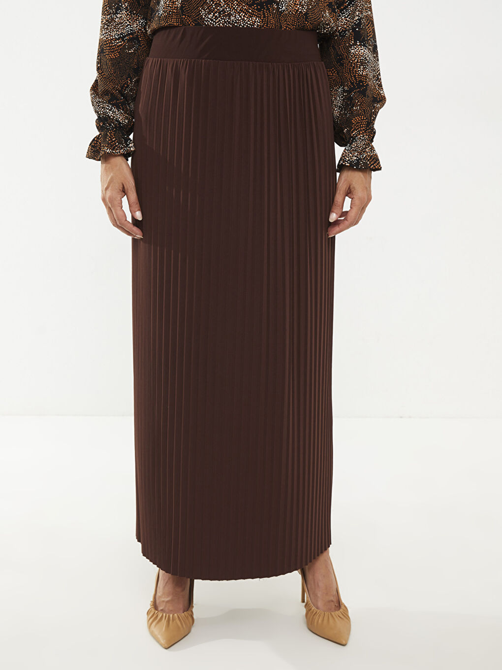 Kahverengi Kadın Beli Lastikli Düz Kloş Etek-2