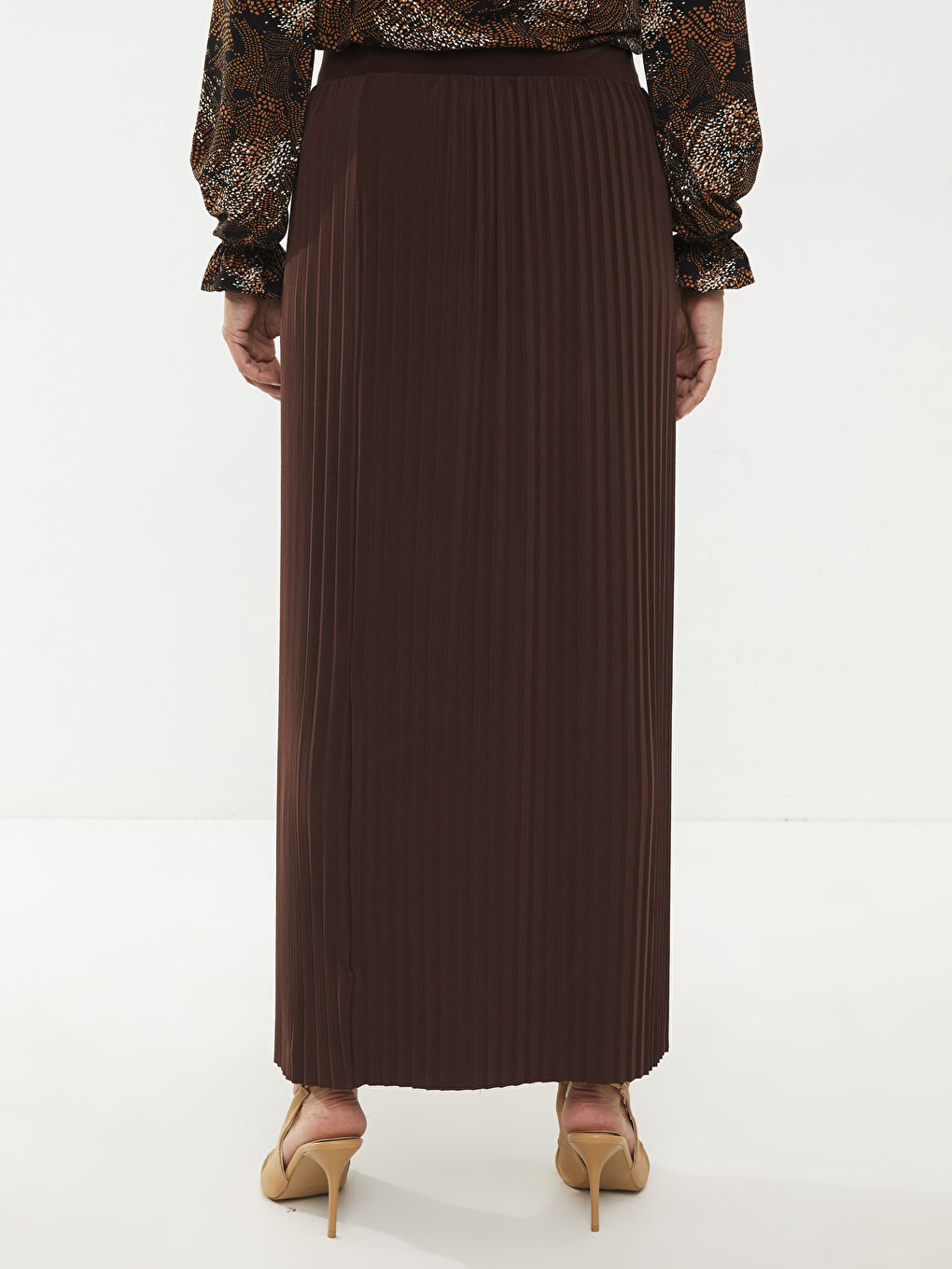 Kahverengi Kadın Beli Lastikli Düz Kloş Etek-4