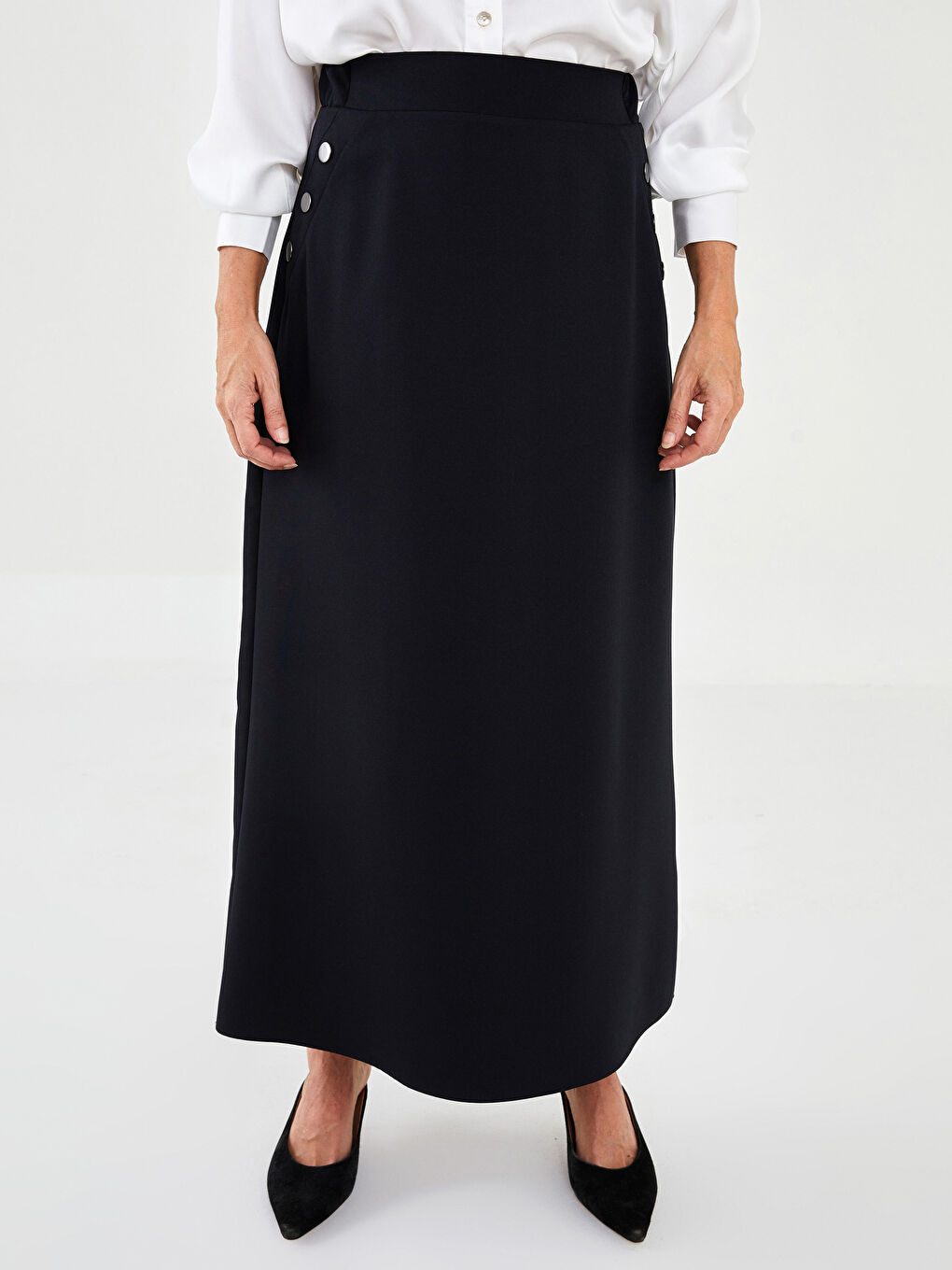 Siyah Beli Lastikli Düz A Kesim Kadın Etek-3