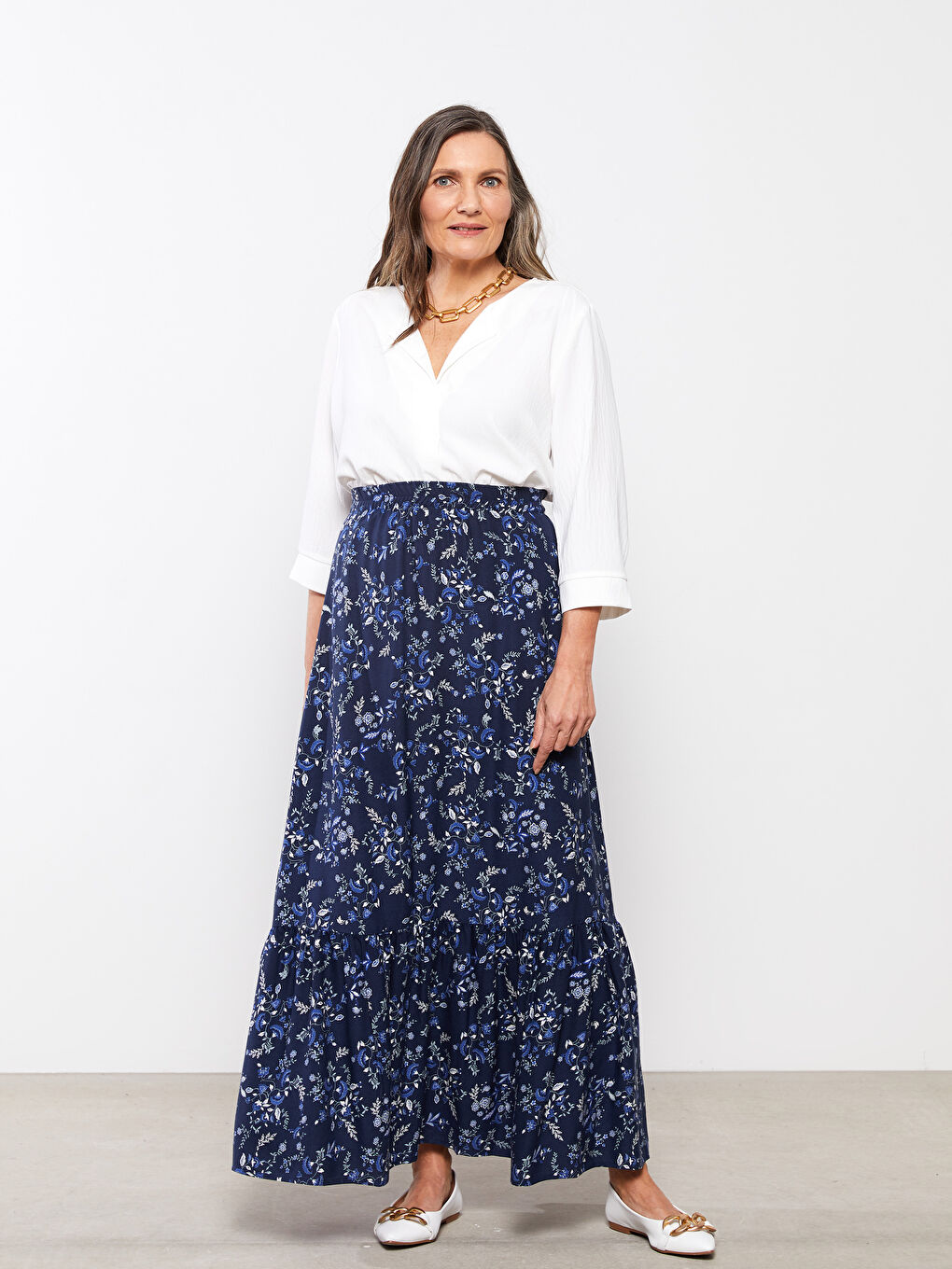 Lacivert Beli Lastikli Desenli Belmando Kumaş Kadın Etek