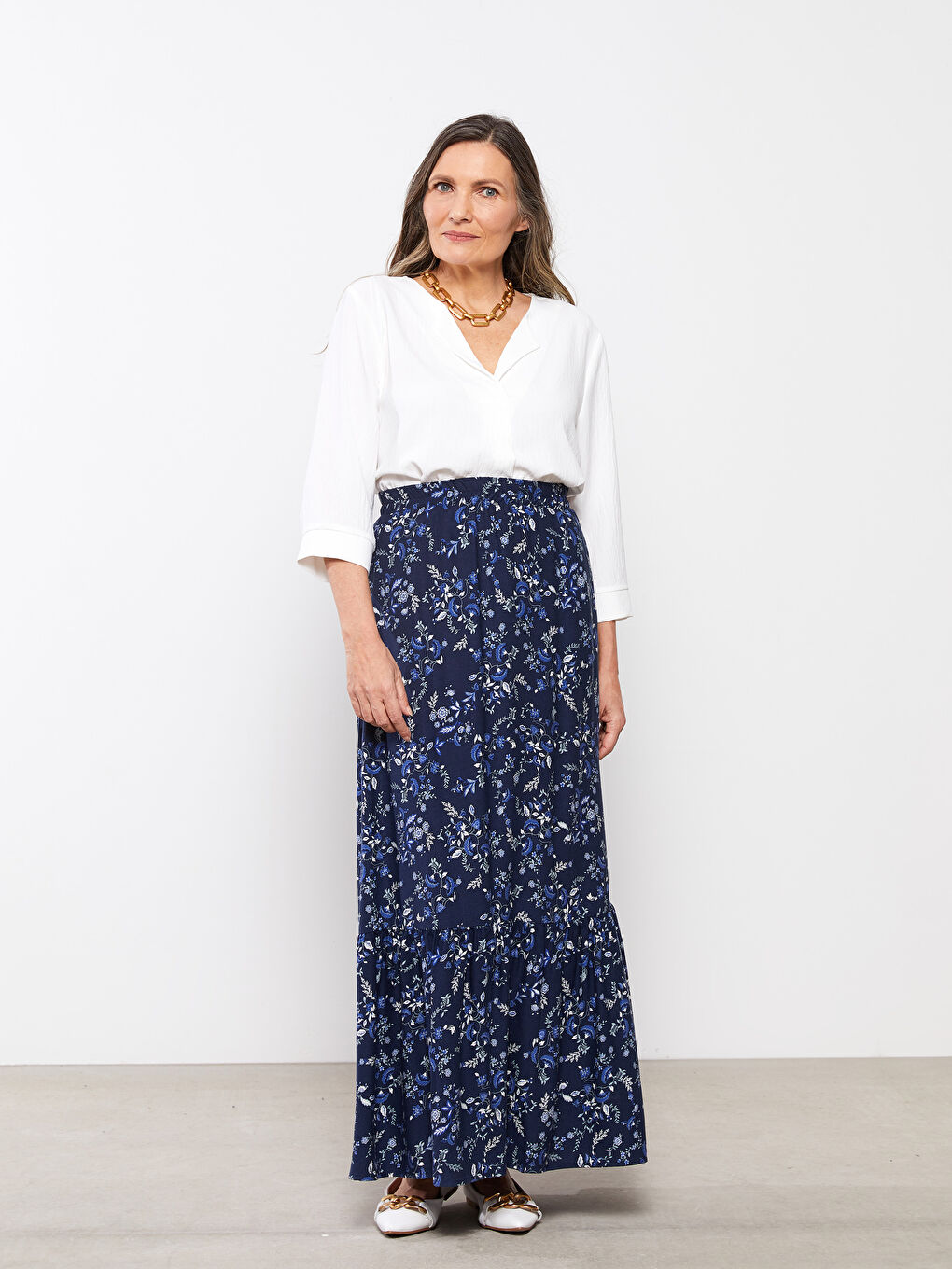 Lacivert Beli Lastikli Desenli Belmando Kumaş Kadın Etek-1