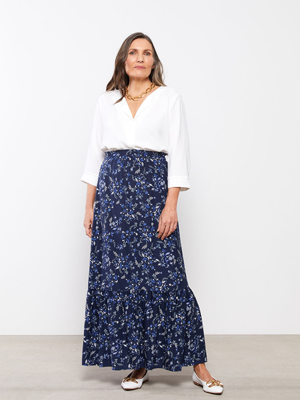 Lacivert Beli Lastikli Desenli Belmando Kumaş Kadın Etek-2