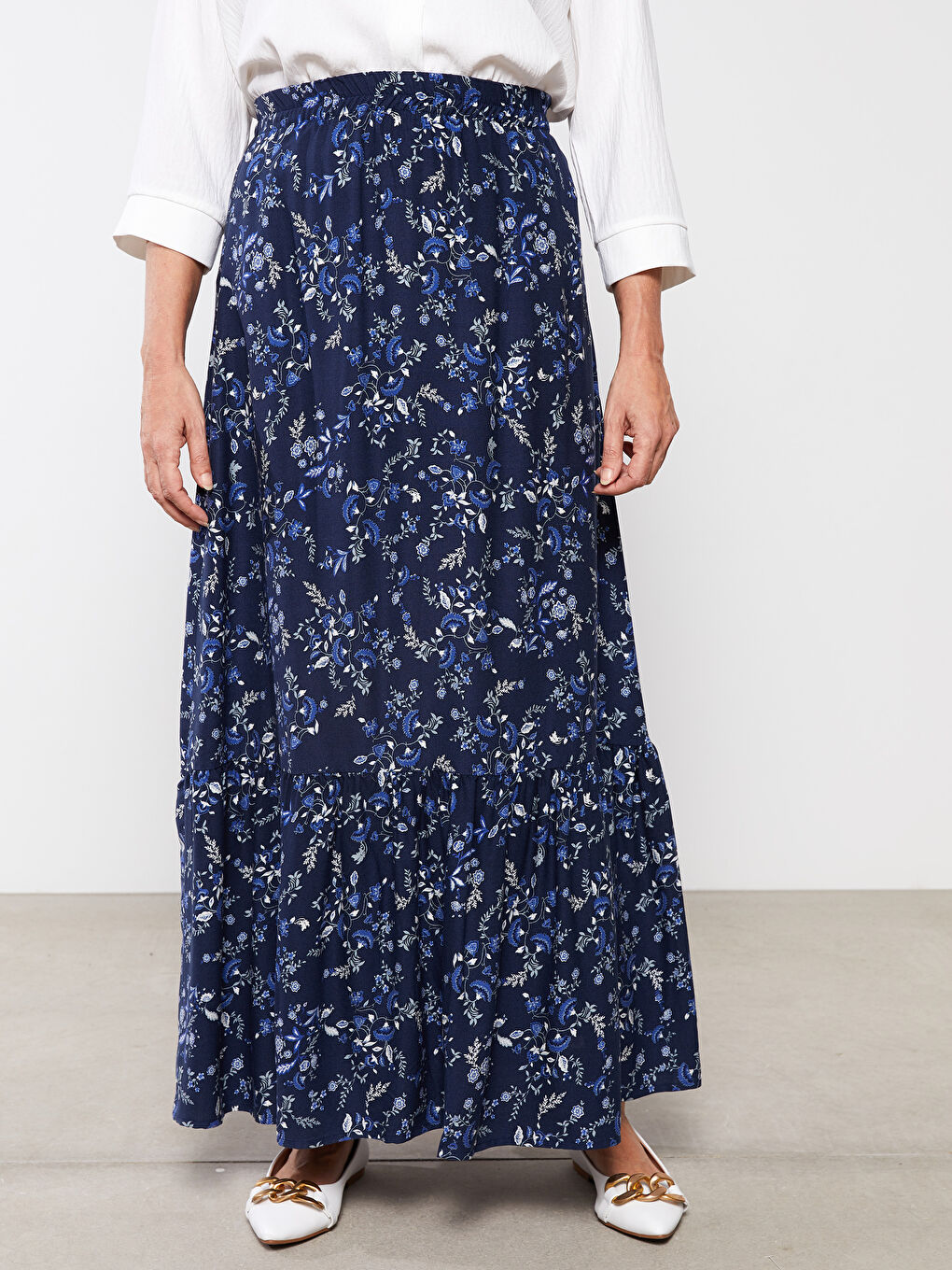 Lacivert Beli Lastikli Desenli Belmando Kumaş Kadın Etek-3