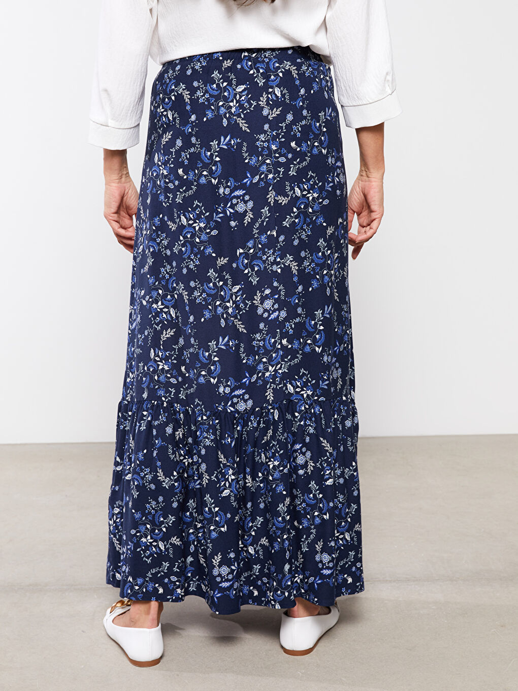 Lacivert Beli Lastikli Desenli Belmando Kumaş Kadın Etek-4