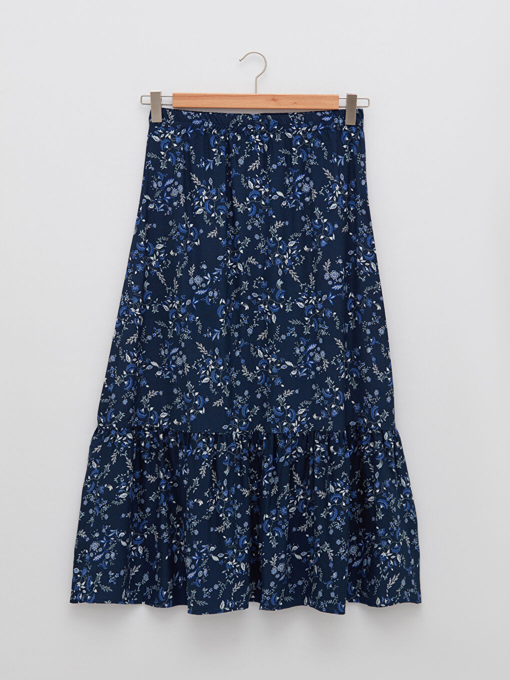 Lacivert Beli Lastikli Desenli Belmando Kumaş Kadın Etek-5