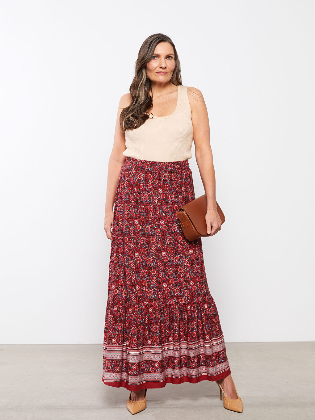 Kırmızı Beli Lastikli Desenli Belmando Kumaş Kadın Etek