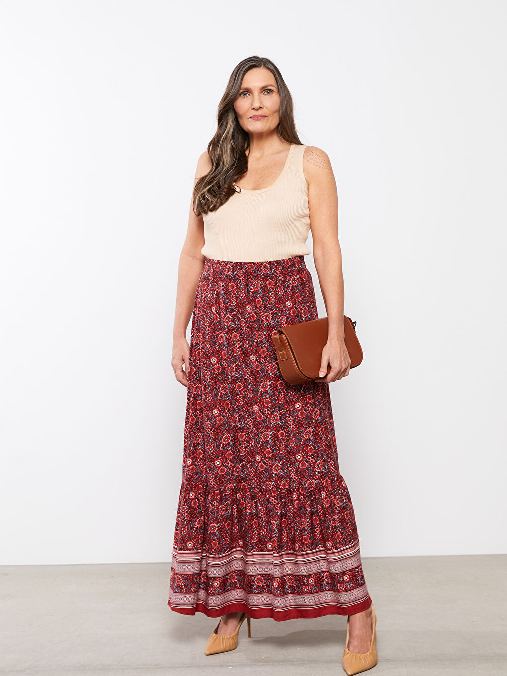 Kırmızı Beli Lastikli Desenli Belmando Kumaş Kadın Etek-1