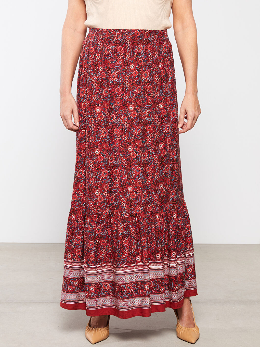 Kırmızı Beli Lastikli Desenli Belmando Kumaş Kadın Etek-2