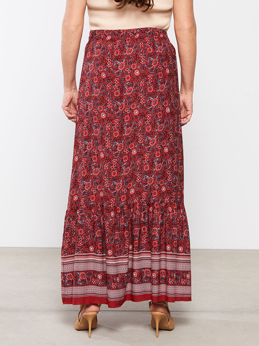 Kırmızı Beli Lastikli Desenli Belmando Kumaş Kadın Etek-3