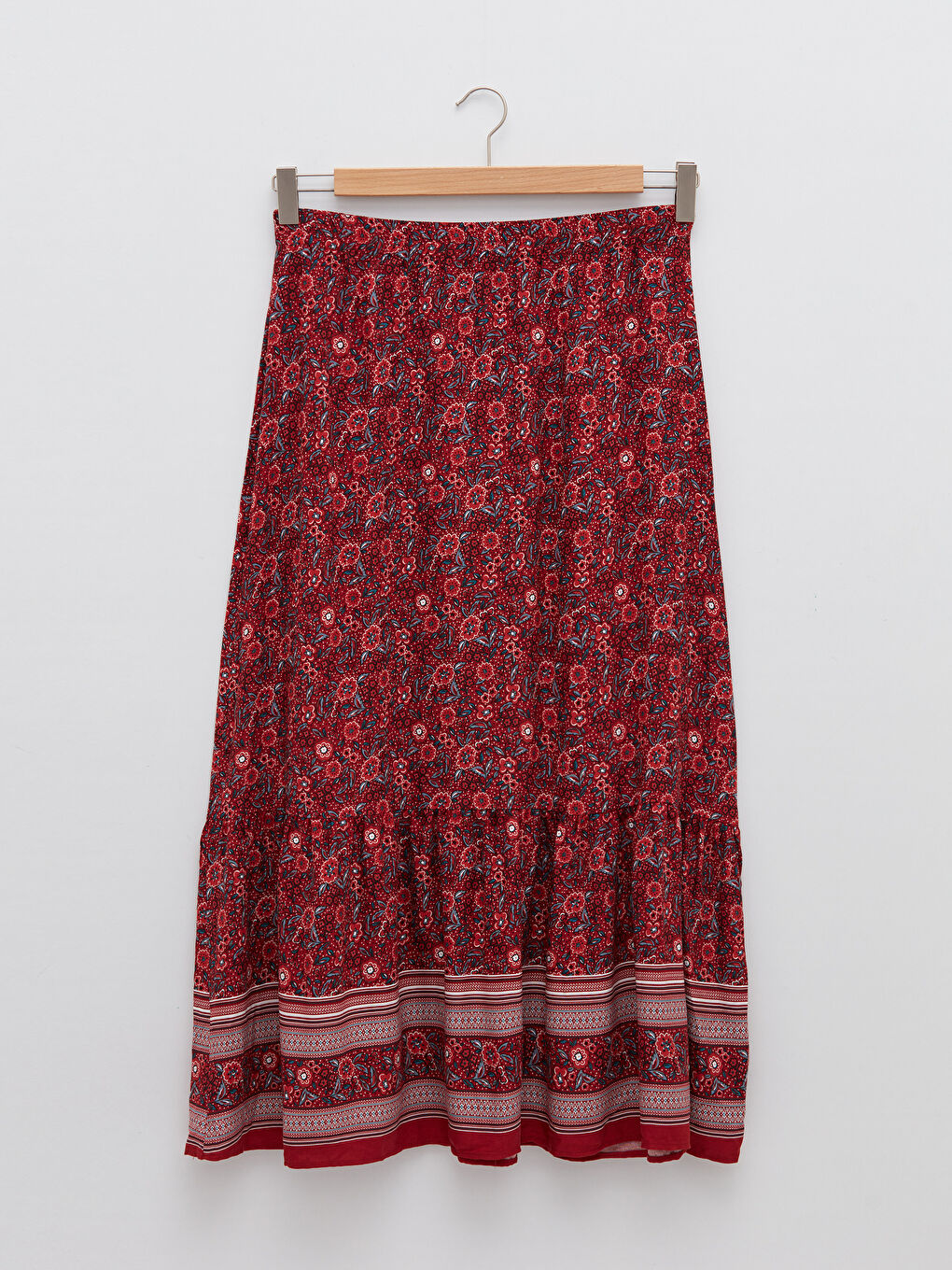 Kırmızı Beli Lastikli Desenli Belmando Kumaş Kadın Etek-5