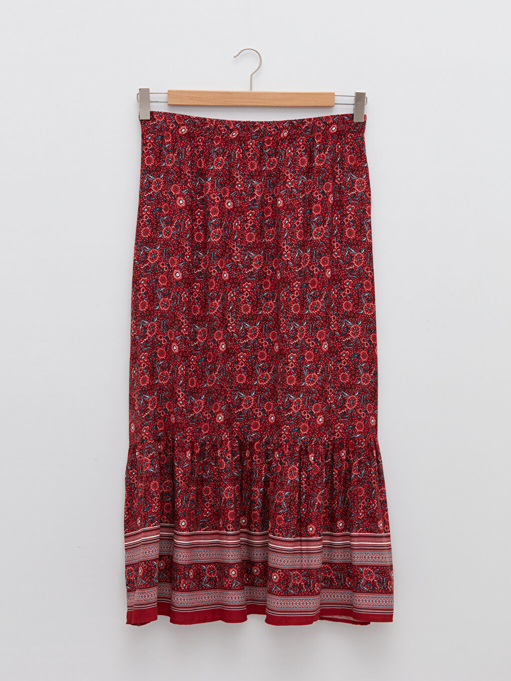 Kırmızı Beli Lastikli Desenli Belmando Kumaş Kadın Etek-6
