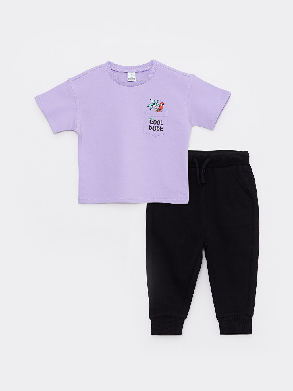 Crew Neck Short Sleeve Printed Cotton Baby Boy T-Shirt and Trousers 2-Piece Set