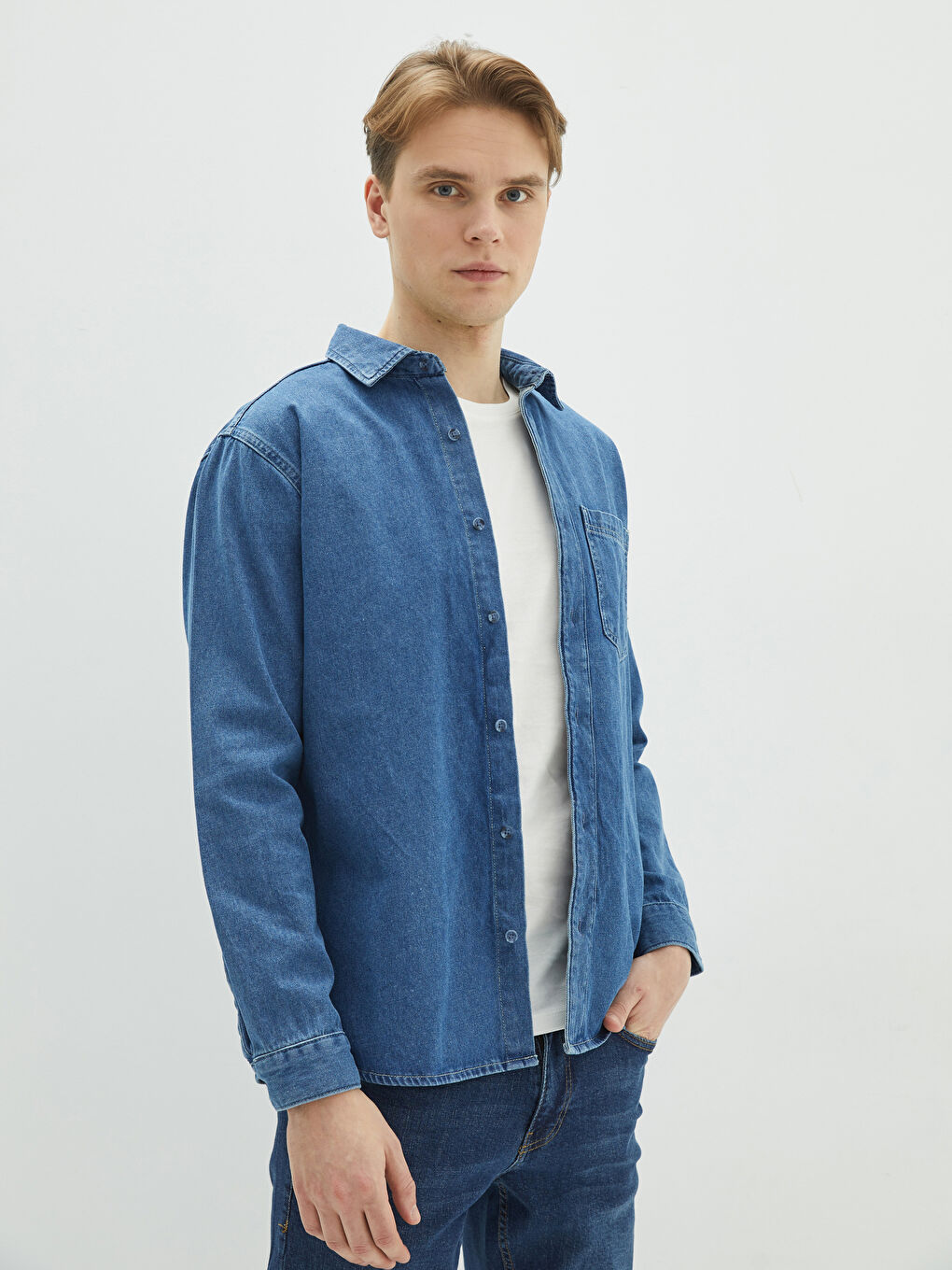 İndigo Rahat Kalıp Uzun Kollu Erkek Jean Gömlek-1