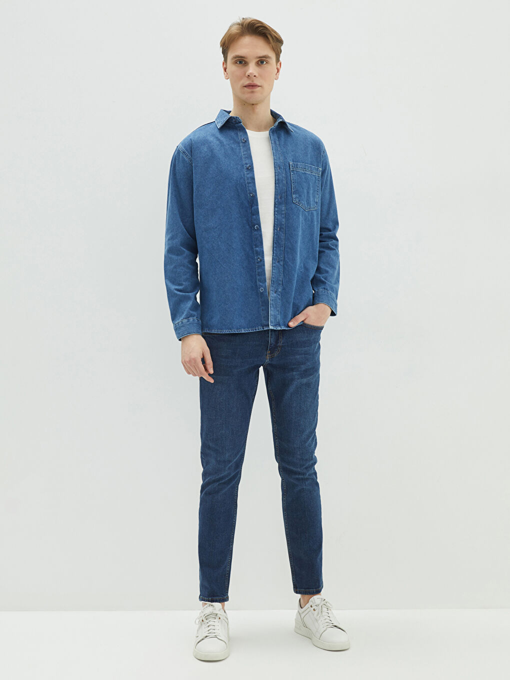 İndigo Rahat Kalıp Uzun Kollu Erkek Jean Gömlek-2
