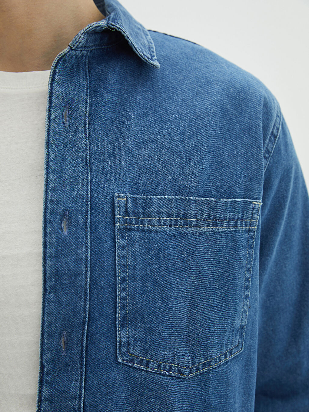 İndigo Rahat Kalıp Uzun Kollu Erkek Jean Gömlek-3
