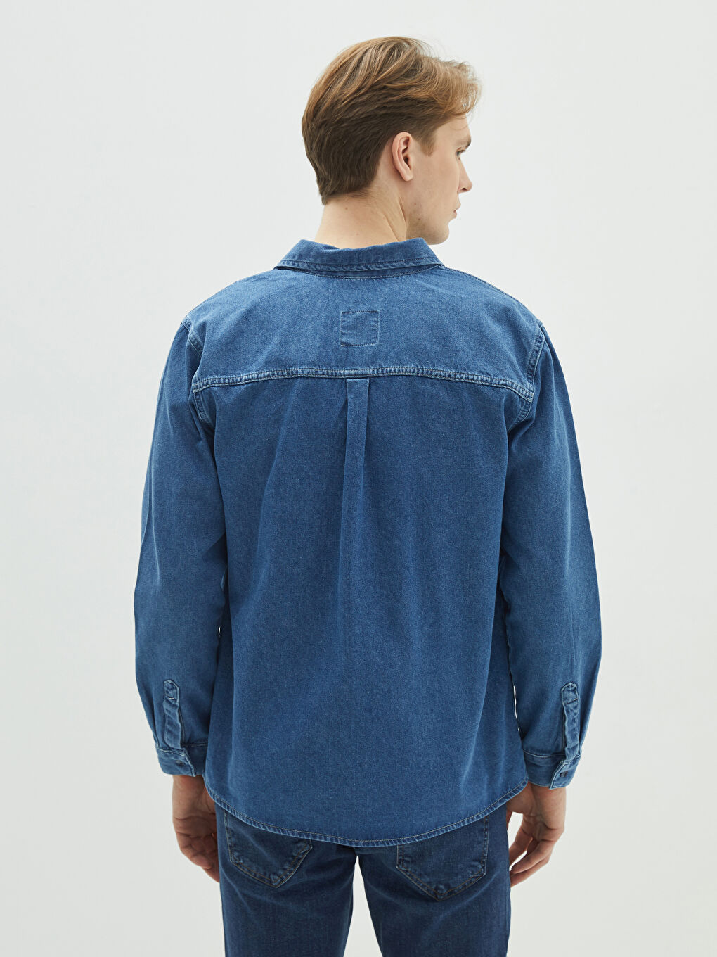 İndigo Rahat Kalıp Uzun Kollu Erkek Jean Gömlek-4