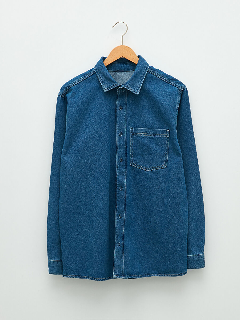 İndigo Rahat Kalıp Uzun Kollu Erkek Jean Gömlek-5