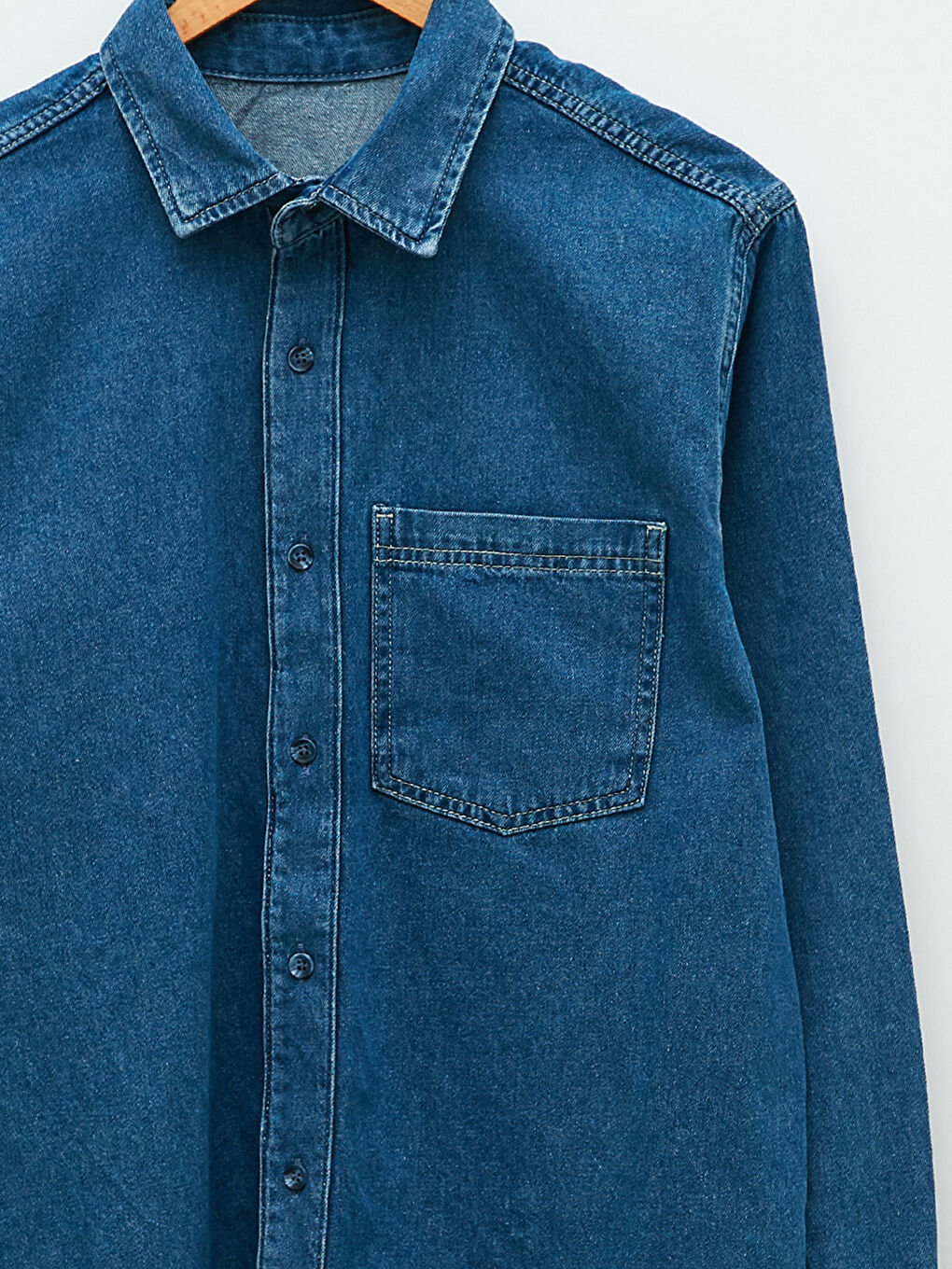 İndigo Rahat Kalıp Uzun Kollu Erkek Jean Gömlek-7