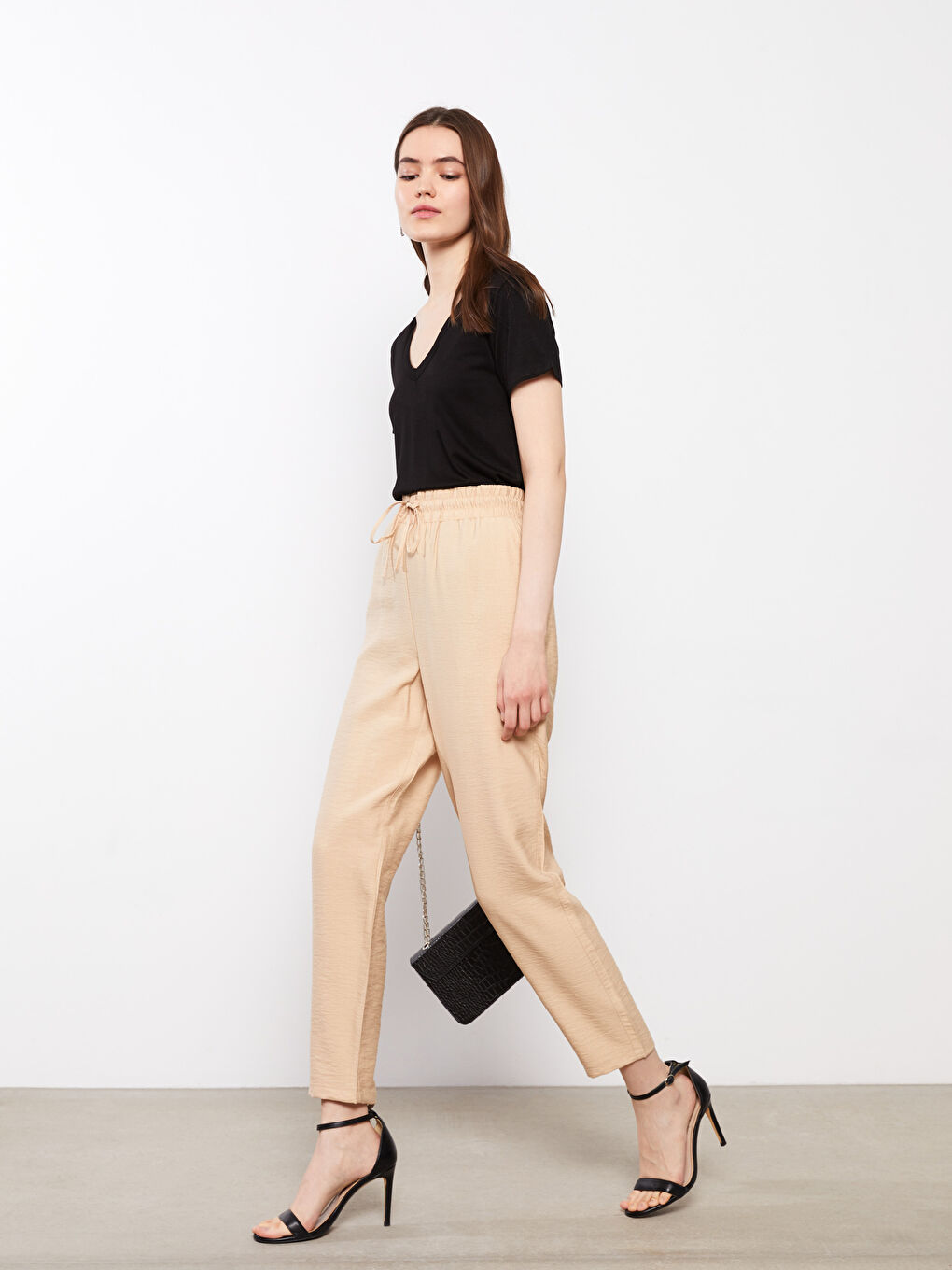 Women's Elastic Waist Standard Fit Plain Pants-2