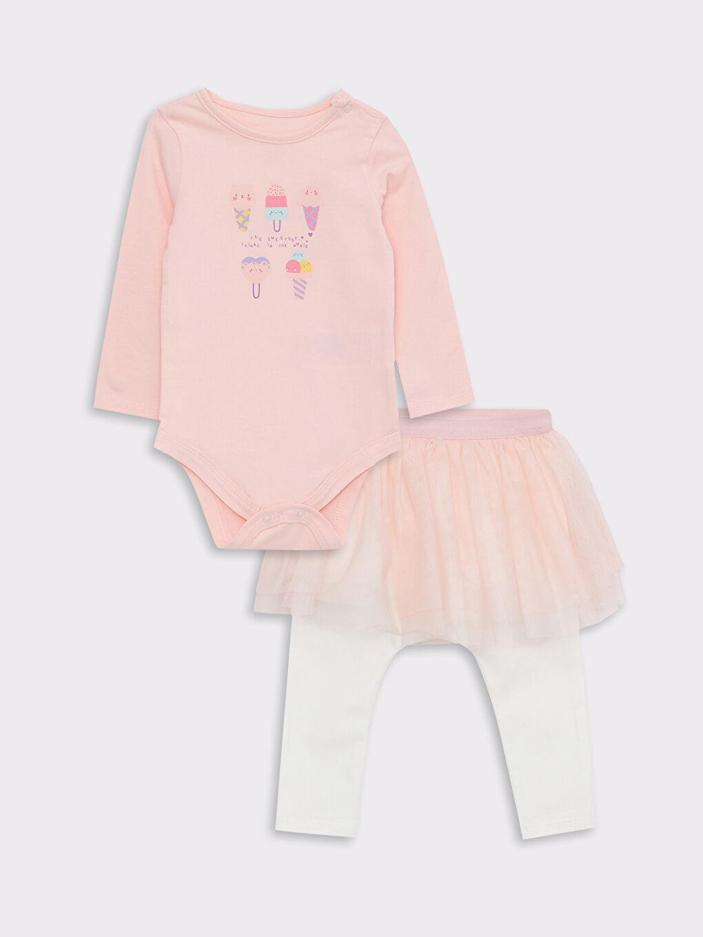 Pembe Bisiklet Yaka Uzun Kollu Baskılı Kız Bebek Çıtçıtlı Body ve Pantolon 2'li Takım