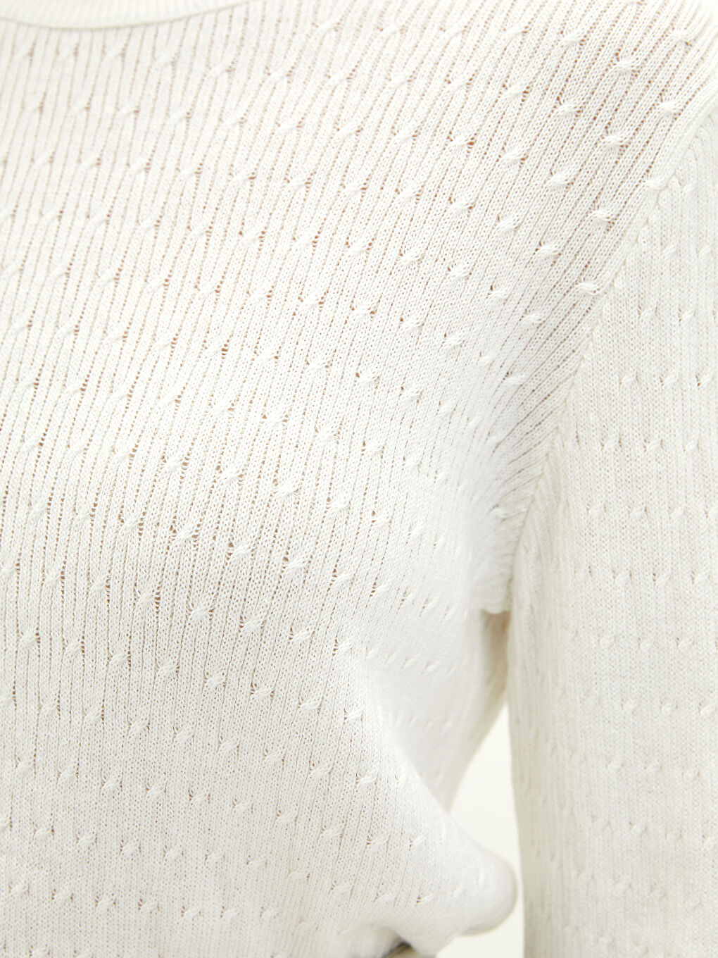 Ekru Bisiklet Yaka Kendinden Desenli Uzun Kollu Kadın Triko Kazak-3