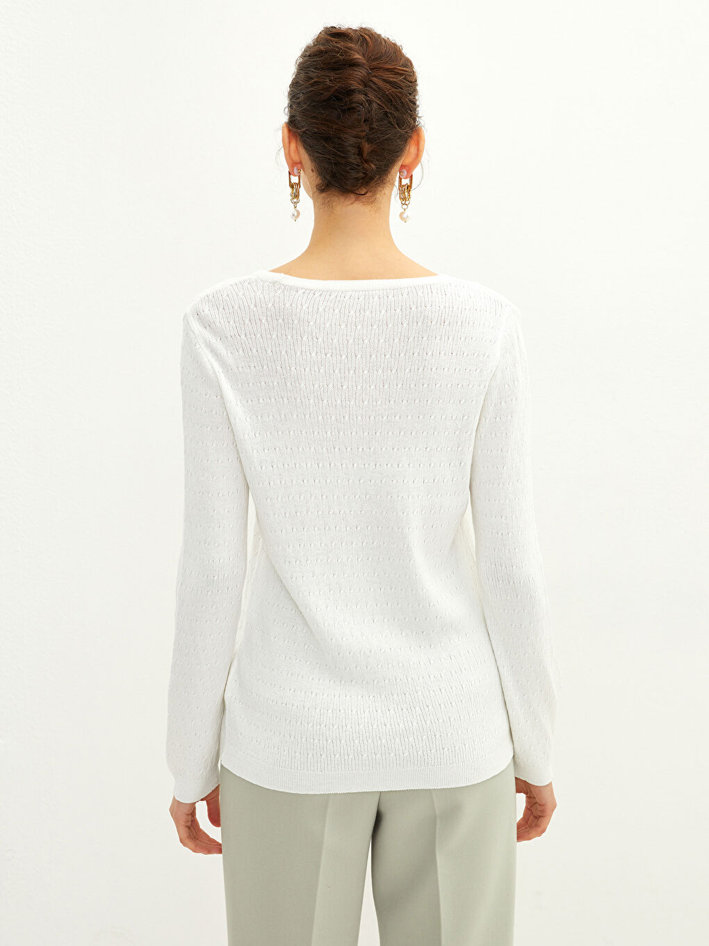 Ekru Bisiklet Yaka Kendinden Desenli Uzun Kollu Kadın Triko Kazak-4