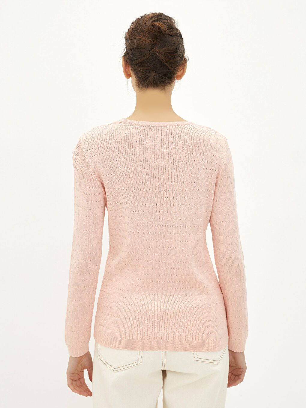 سترة تريكو بياقة دائرية بنقشة ذاتية وكم طويل للسيدات-5