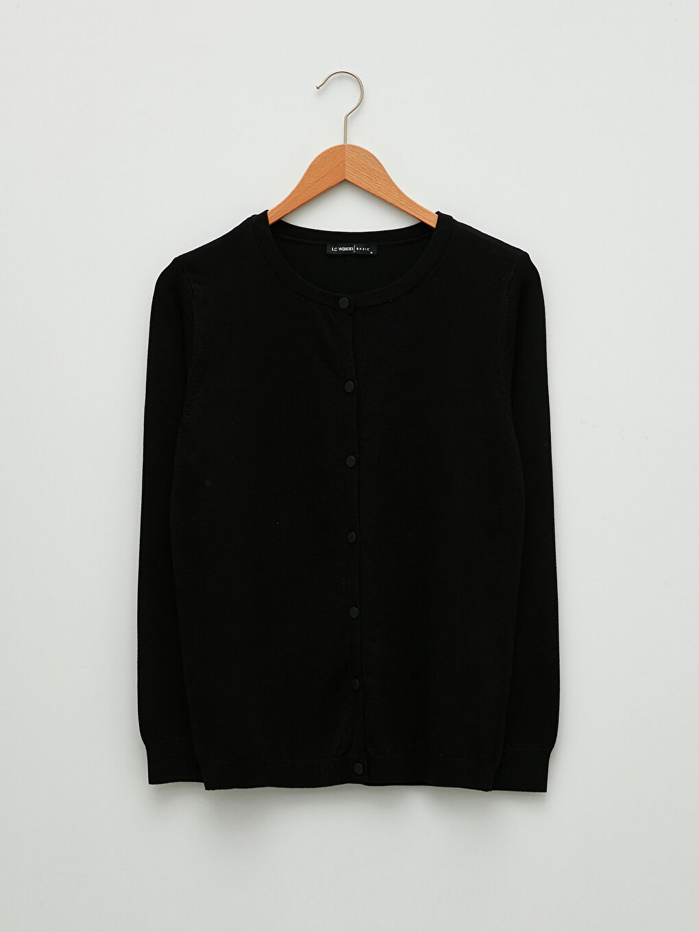 Siyah Bisiklet Yaka Düz Uzun Kollu Kadın Triko Hırka-5