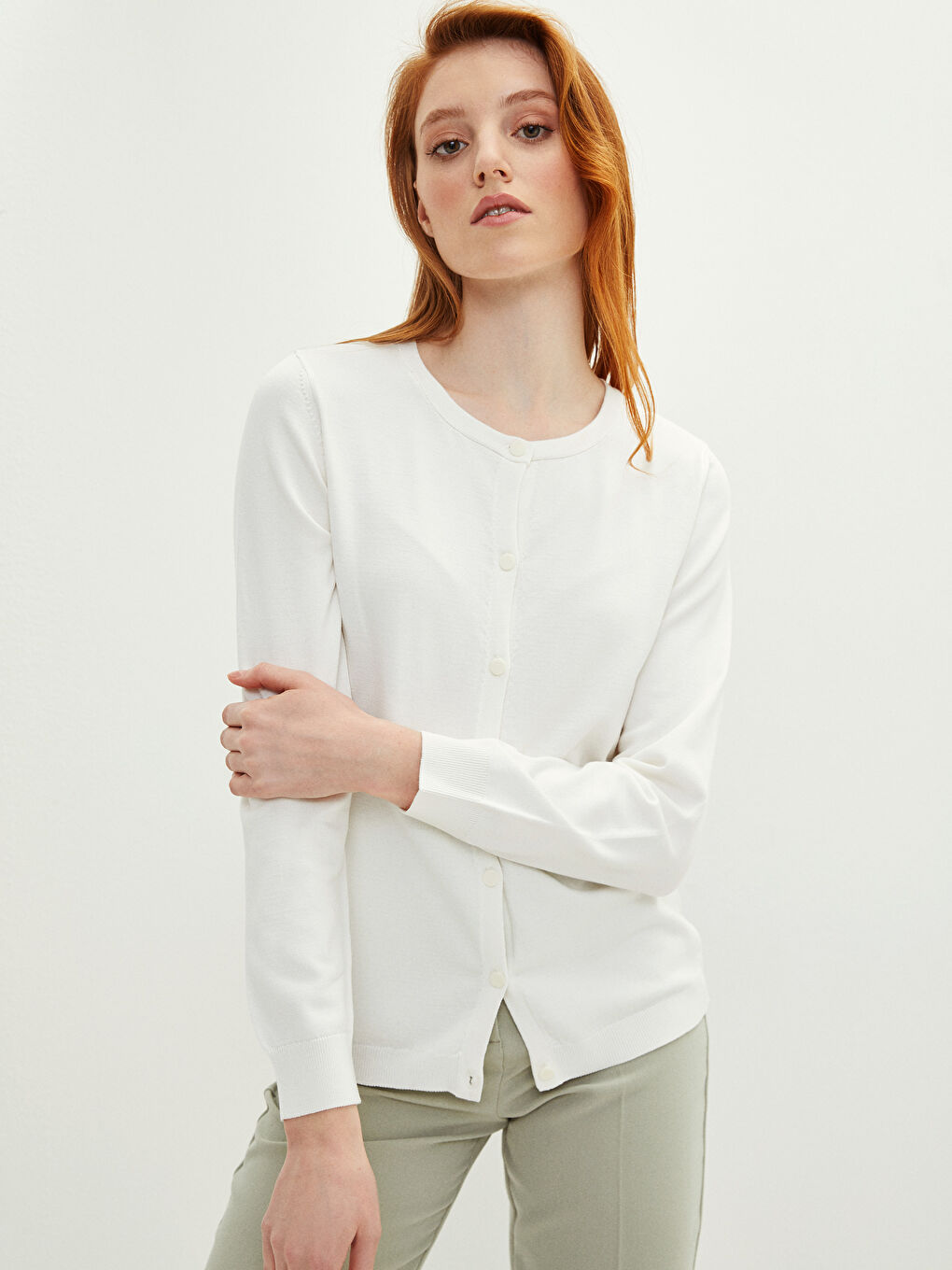 Ekru Bisiklet Yaka Düz Uzun Kollu Kadın Triko Hırka