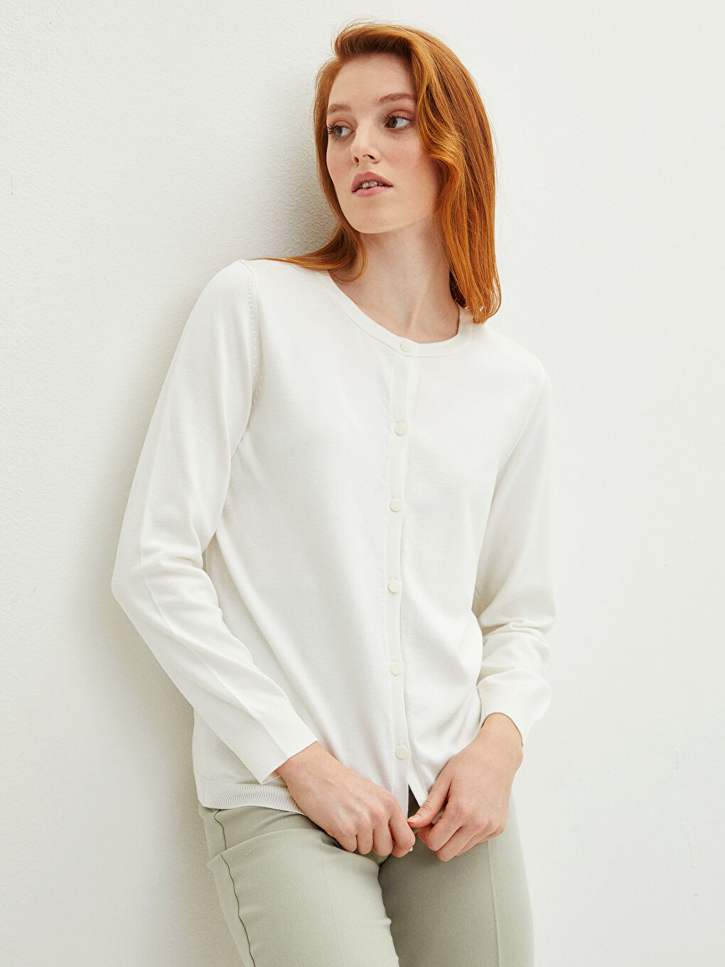 Ekru Bisiklet Yaka Düz Uzun Kollu Kadın Triko Hırka-1