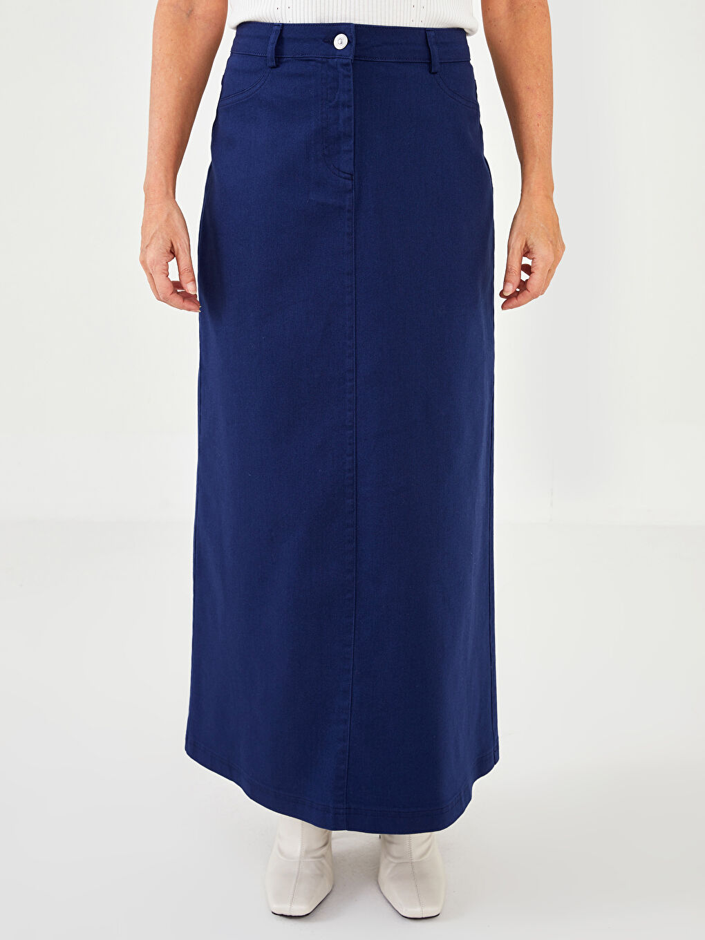 Lacivert Standart Fit Düz Cep Detaylı Kadın Gabardin Kadın Etek-3