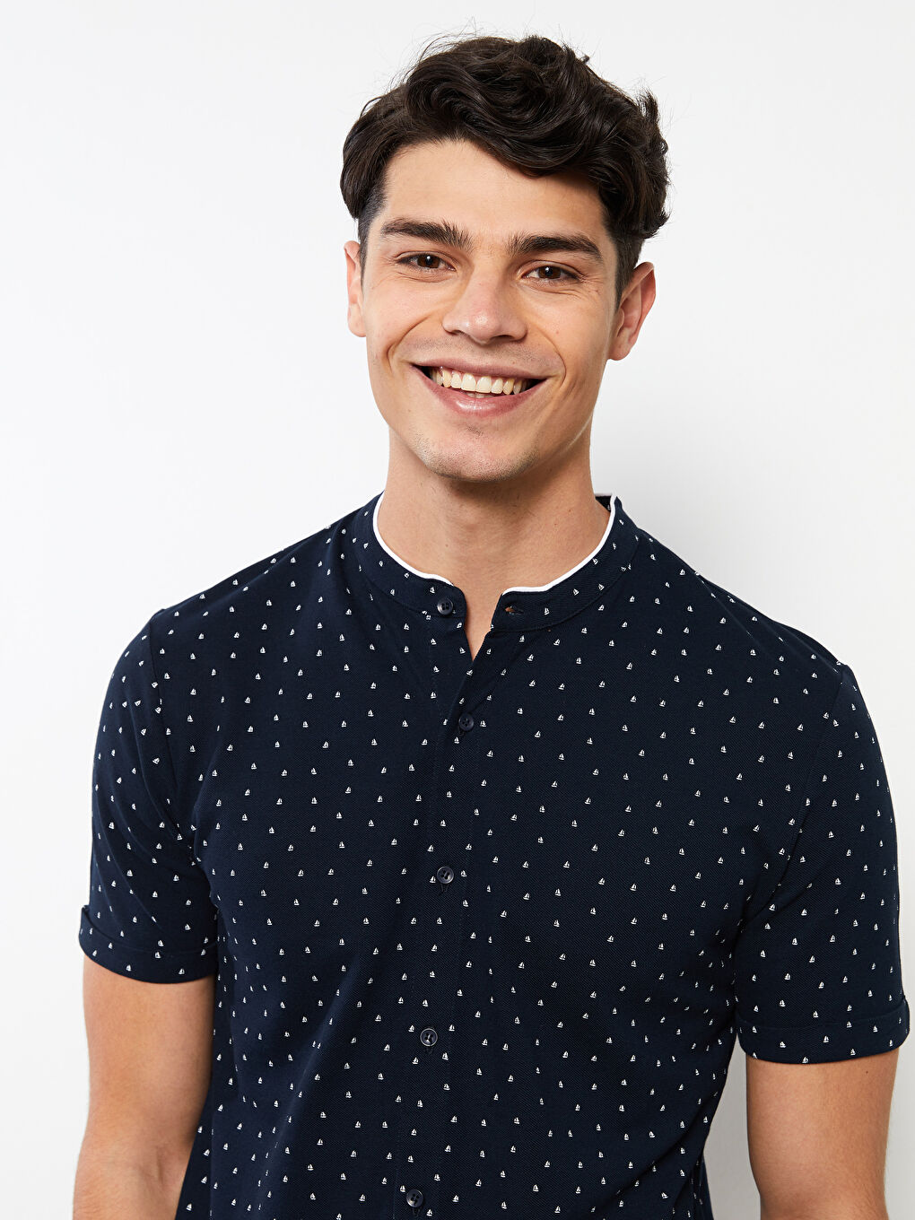 Lacivert Slim Fit Hakim Yaka Kısa Kollu Desenli Erkek Gömlek-2