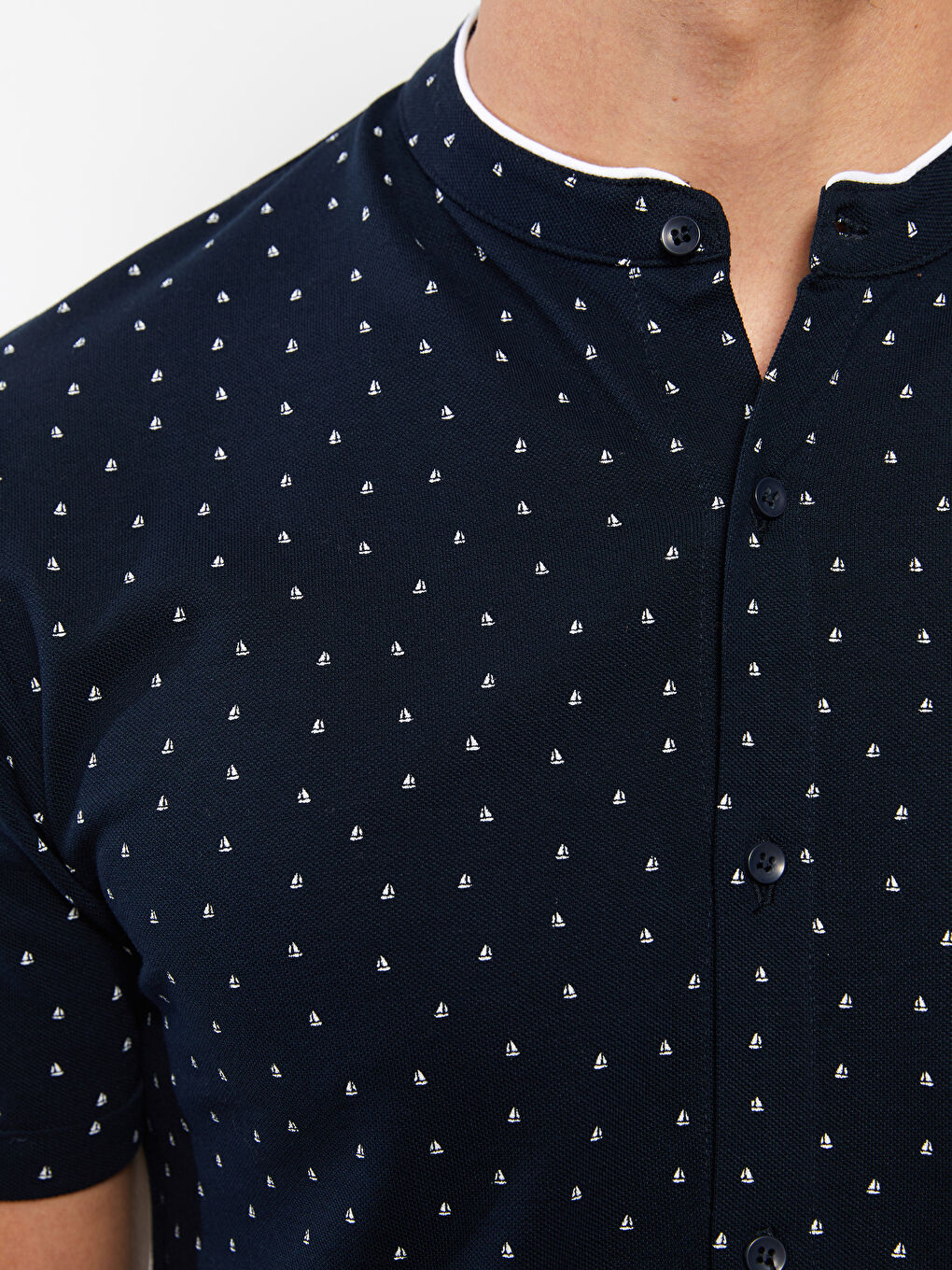 Lacivert Slim Fit Hakim Yaka Kısa Kollu Desenli Erkek Gömlek-3