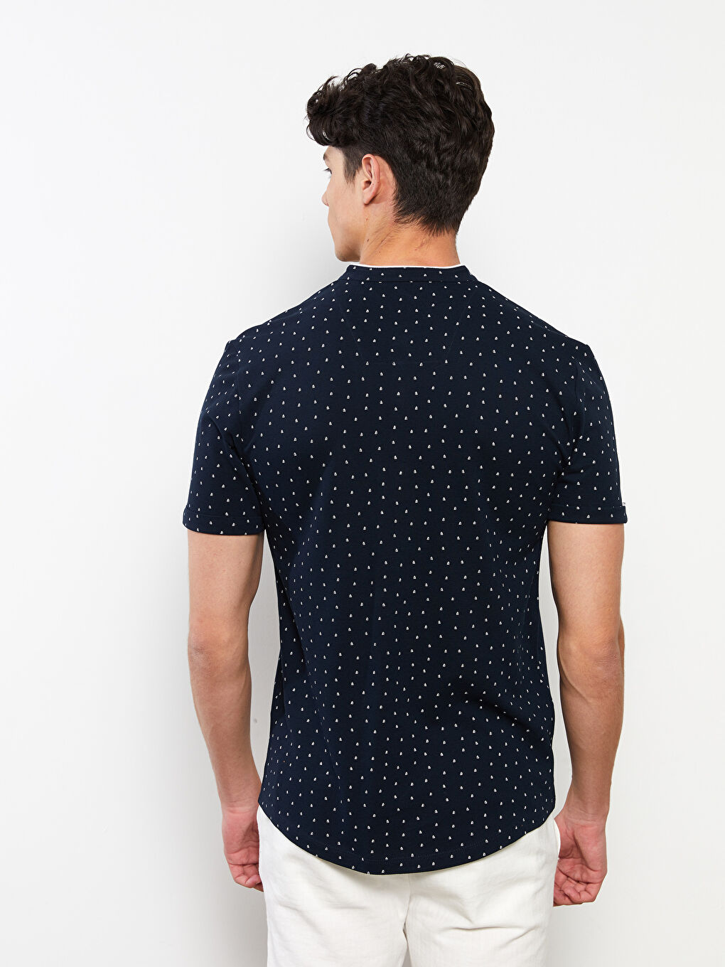 Lacivert Slim Fit Hakim Yaka Kısa Kollu Desenli Erkek Gömlek-4