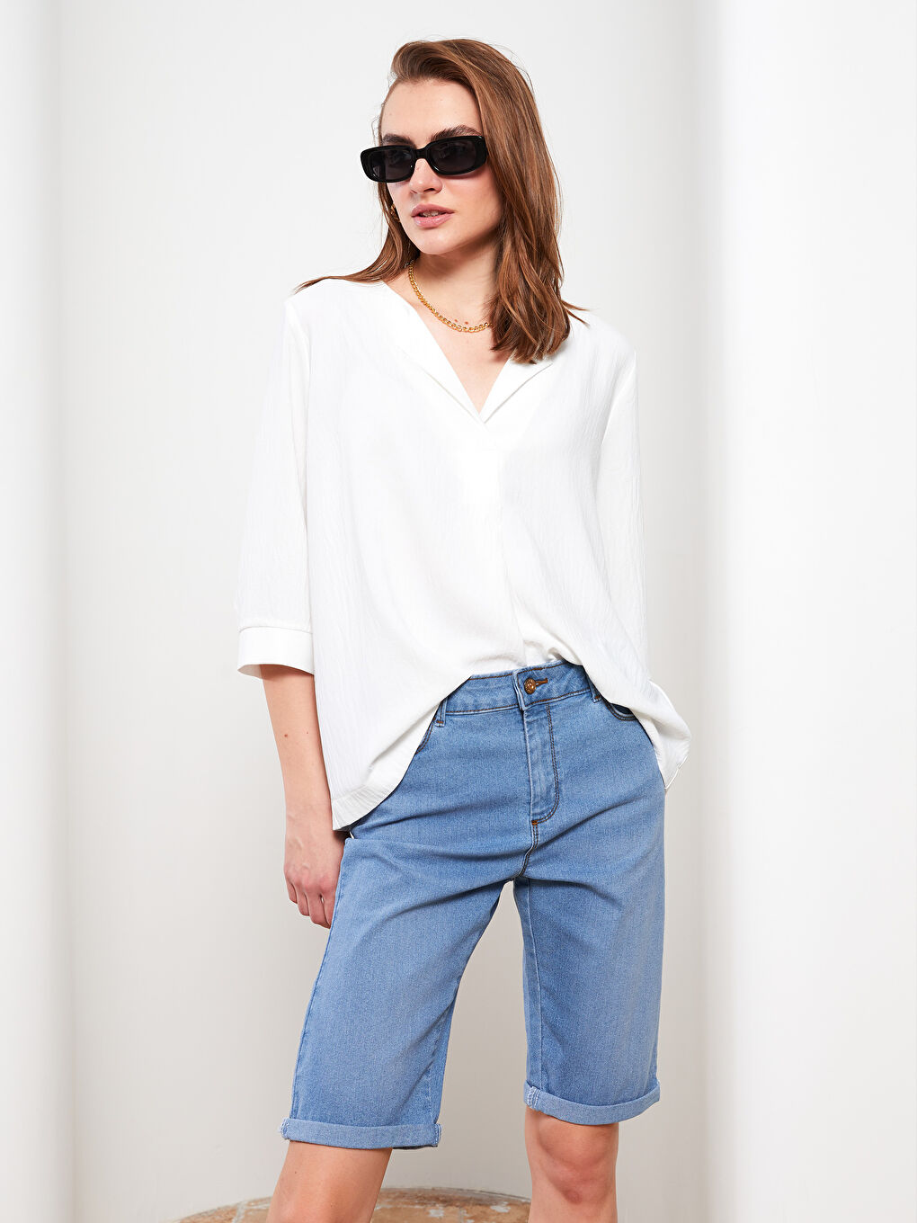 İndigo Kadın Dar Fit Düz  Jean Şort-1