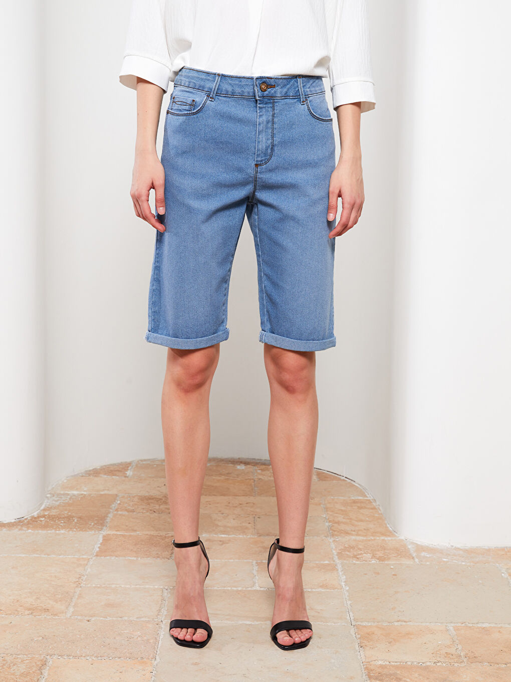 İndigo Kadın Dar Fit Düz  Jean Şort-3