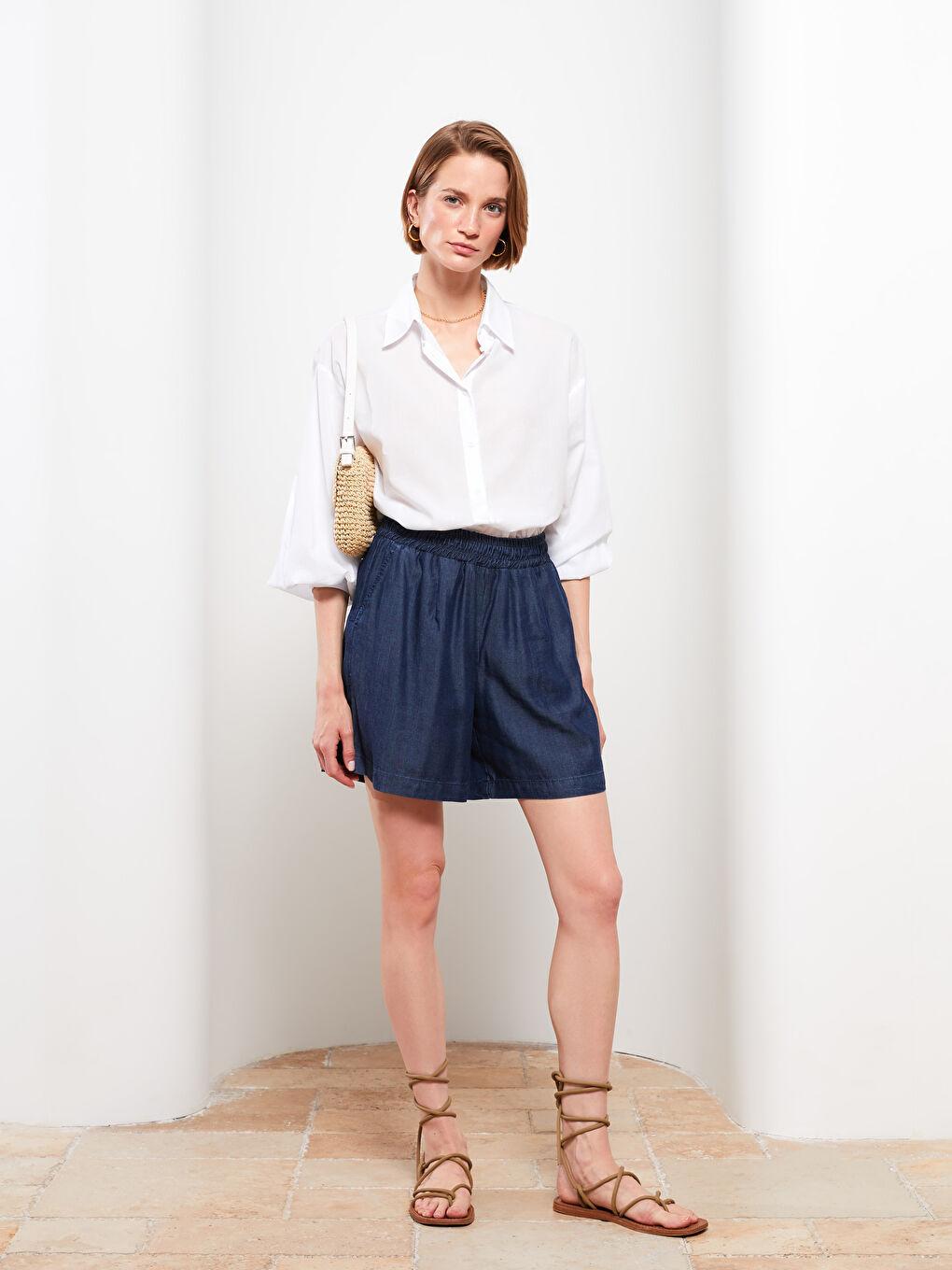Women's Elastic Waist Straight Jean Shorts -S2CK03Z8-890