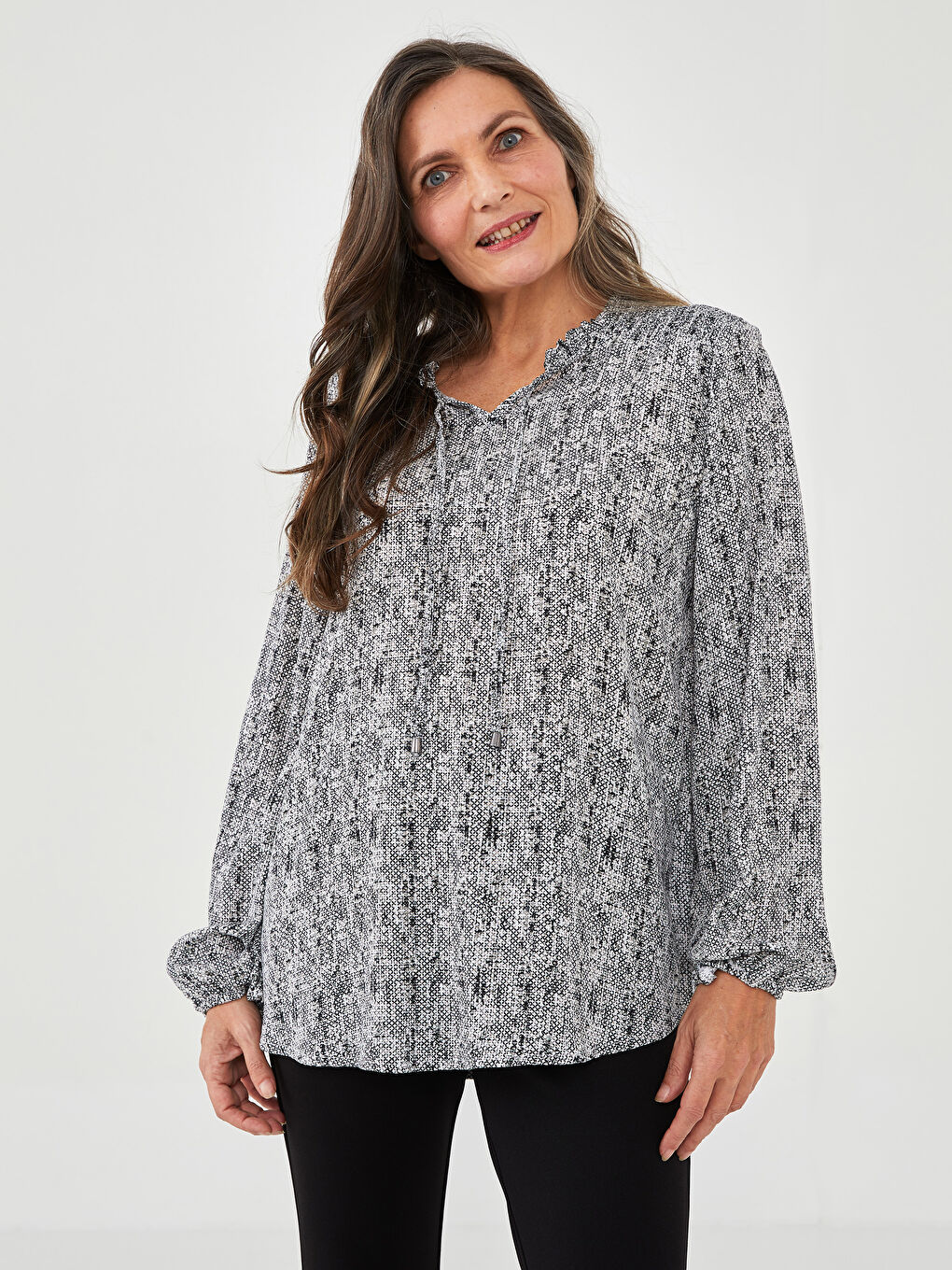 Frilly Tied Collar Patterned Long Sleeve Viscose Women's Blouse -S2CK29Z8-F9C