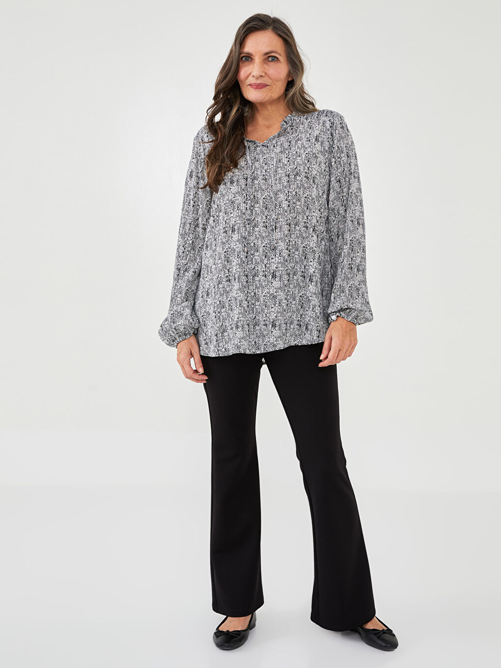 Frilly Tied Collar Patterned Long Sleeve Viscose Women's Blouse -S2CK29Z8-F9C