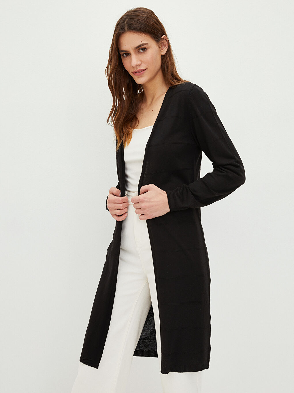 Siyah Şal Yaka Düz Uzun Kollu Kadın Triko Hırka