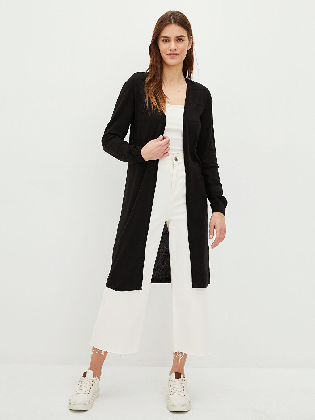 Siyah Şal Yaka Düz Uzun Kollu Kadın Triko Hırka-1