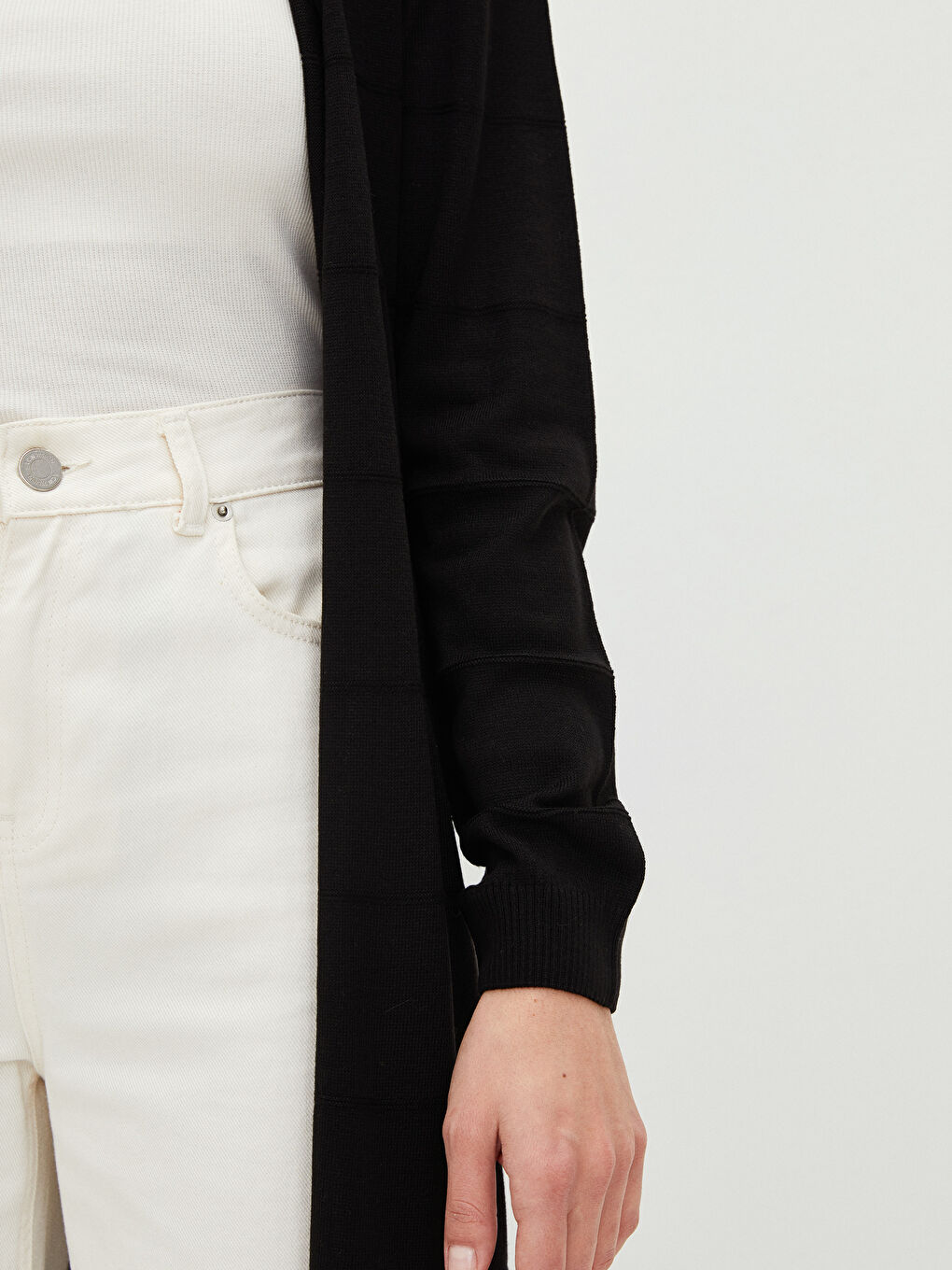 Siyah Şal Yaka Düz Uzun Kollu Kadın Triko Hırka-2