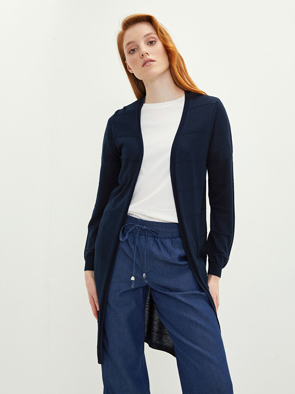 Lacivert Şal Yaka Düz Uzun Kollu Kadın Triko Hırka