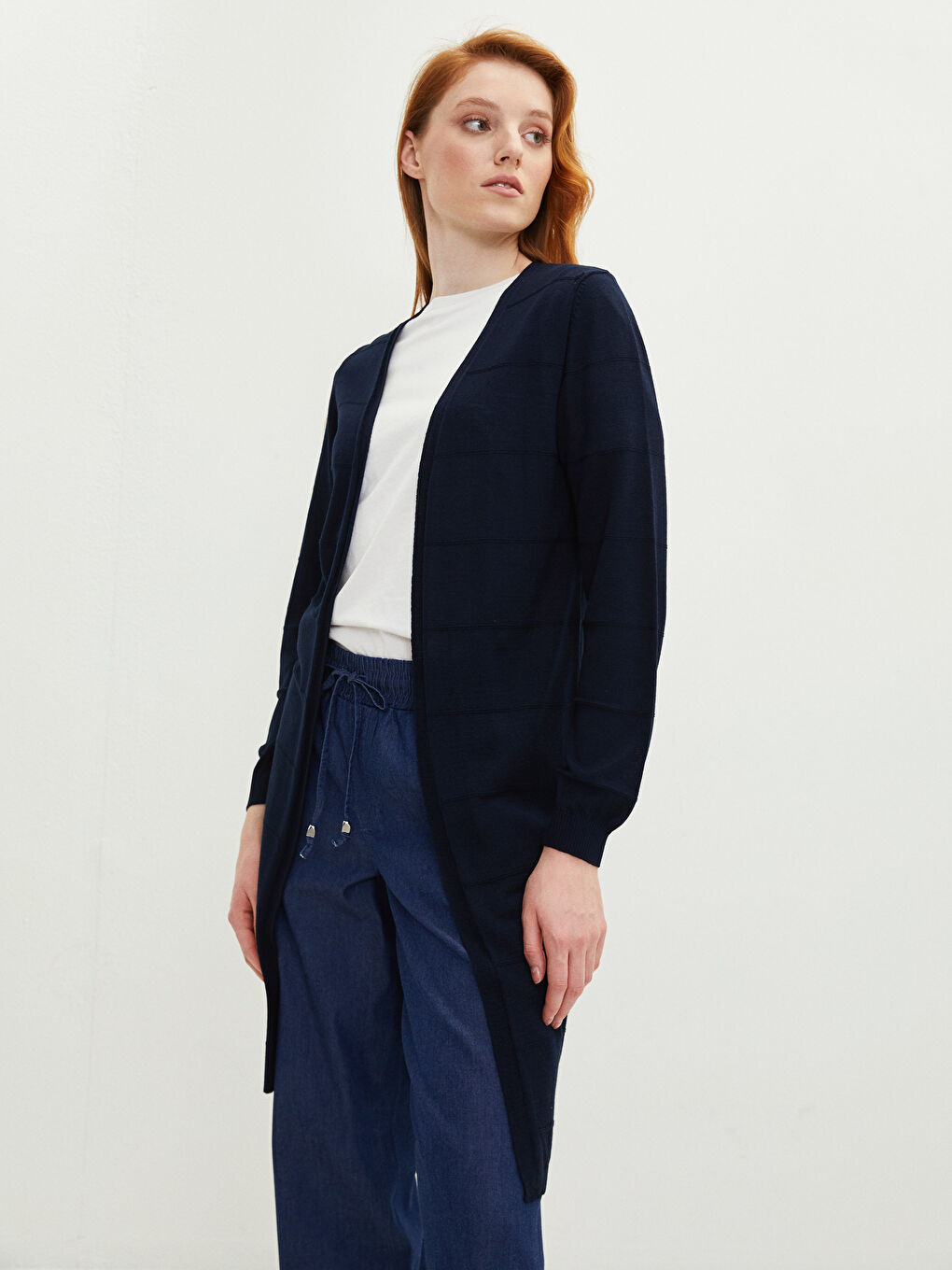 Lacivert Şal Yaka Düz Uzun Kollu Kadın Triko Hırka-1