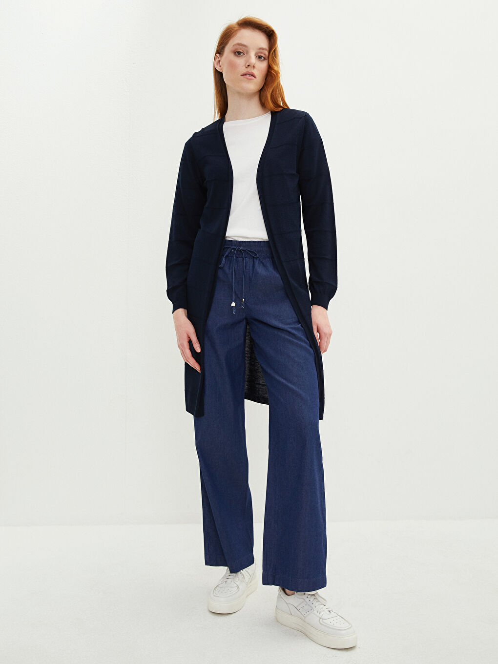 Lacivert Şal Yaka Düz Uzun Kollu Kadın Triko Hırka-2