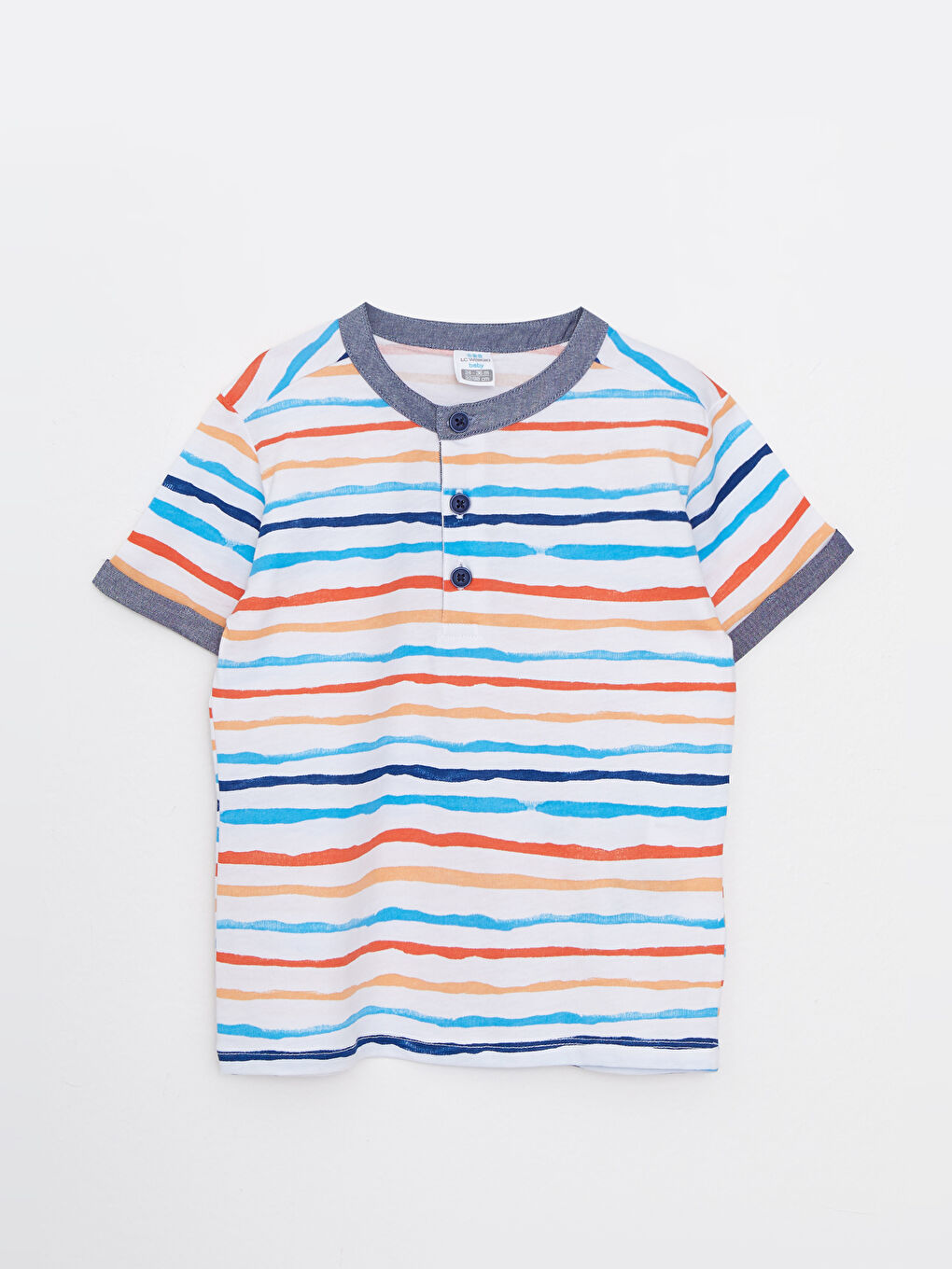 Beyaz Bisiklet Yaka Kısa Kollu Çizgili Pamuklu Erkek Bebek Tişört