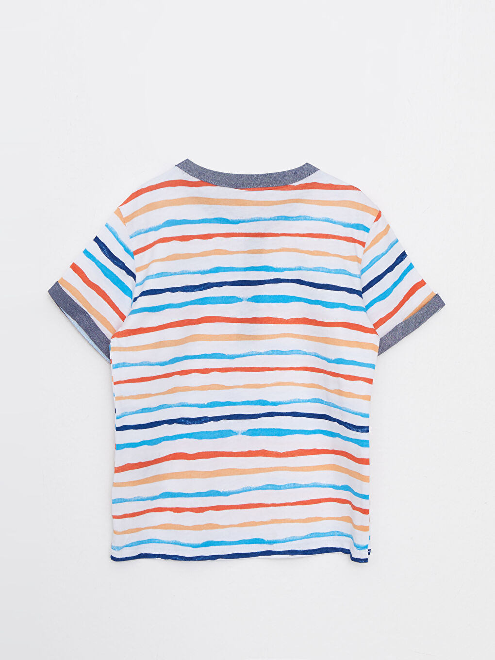 Beyaz Bisiklet Yaka Kısa Kollu Çizgili Pamuklu Erkek Bebek Tişört-1